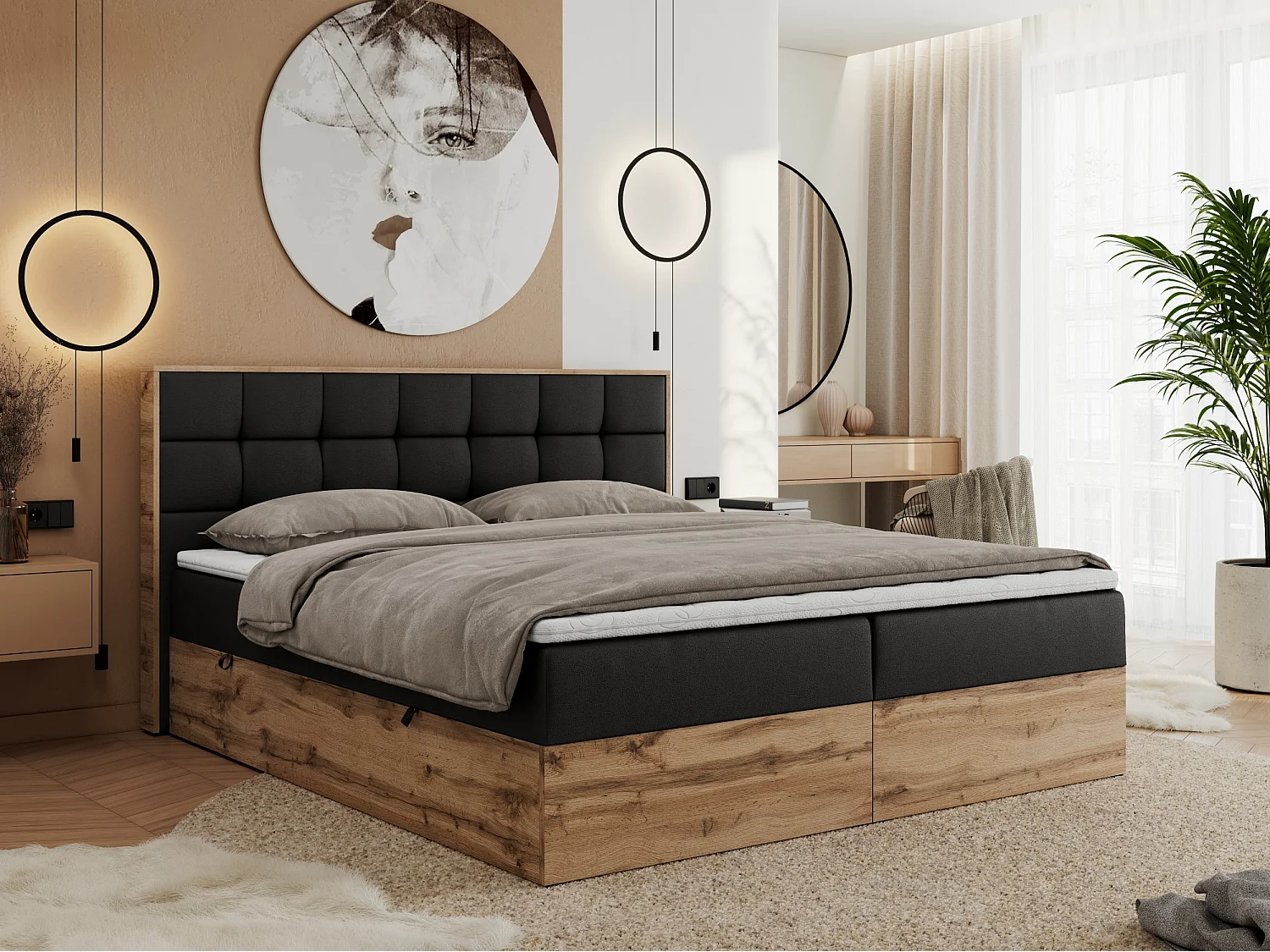 Boxspringbett ALBERO 1, Polsterbett mit gestepptem Kopfteil, Multipocket-Matratze - 120x200 cm - H3 - Schwarz Kunstleder