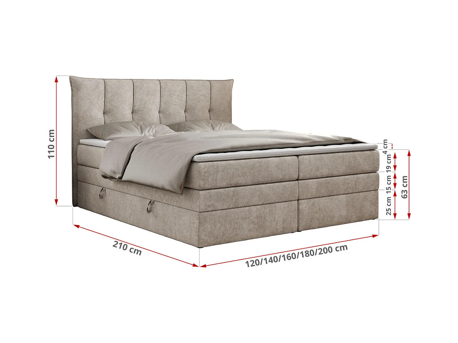 Boxspringbett PREMIUM 10 KING, Doppelbett mit Stauraum, gesteppte Kopfstütze, Multipocket-Matratze - 160x200 cm - H3 - Beige Strukture