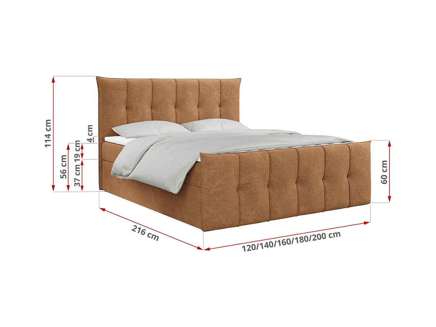Boxspringbett PREMIUM 11 mit Stauraum, gestepptem Kopfteil, Multipocket-Matratze und Topper - 180x200 cm - H4 - Orange Strukture