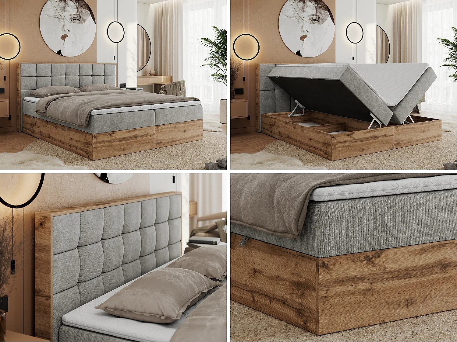 Boxspringbett ALBERO 1, Polsterbett mit gestepptem Kopfteil, Multipocket-Matratze - 160x200 cm - H3 - Hellgrau Strukture