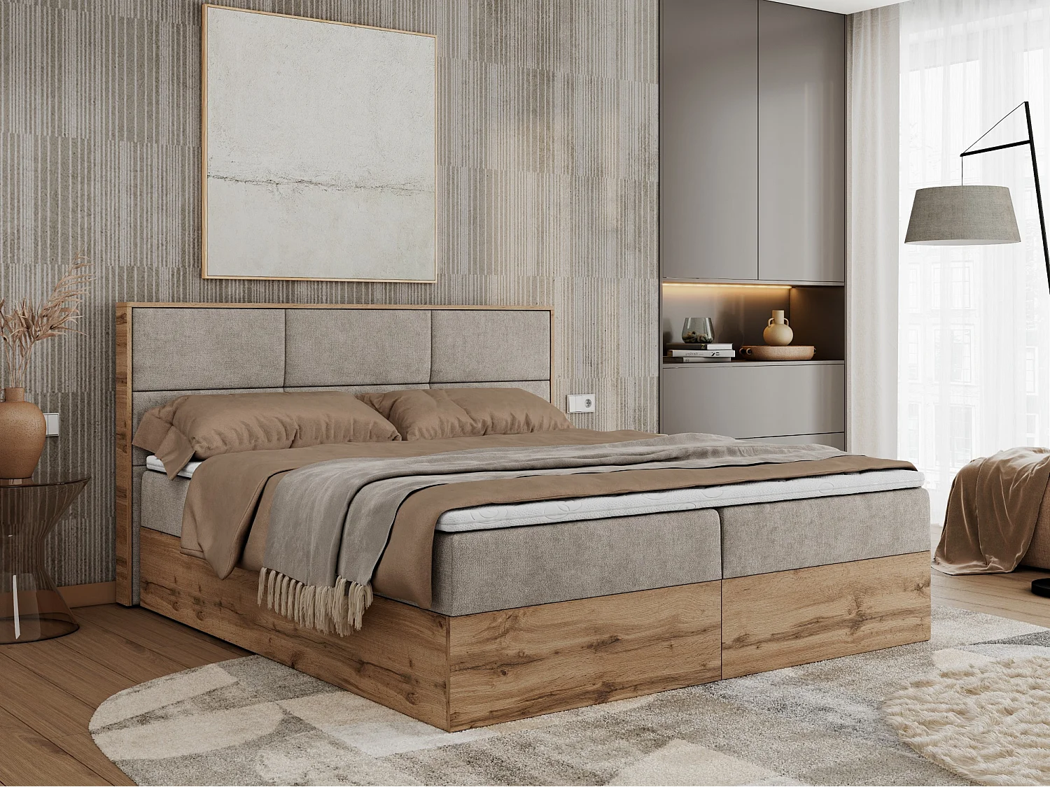 Boxspringbett ALBERO 2 mit Topper und Multipocket-Matratze, Stauraum, Holzrahmen - 180x200 cm - H3 - Beige Strukture