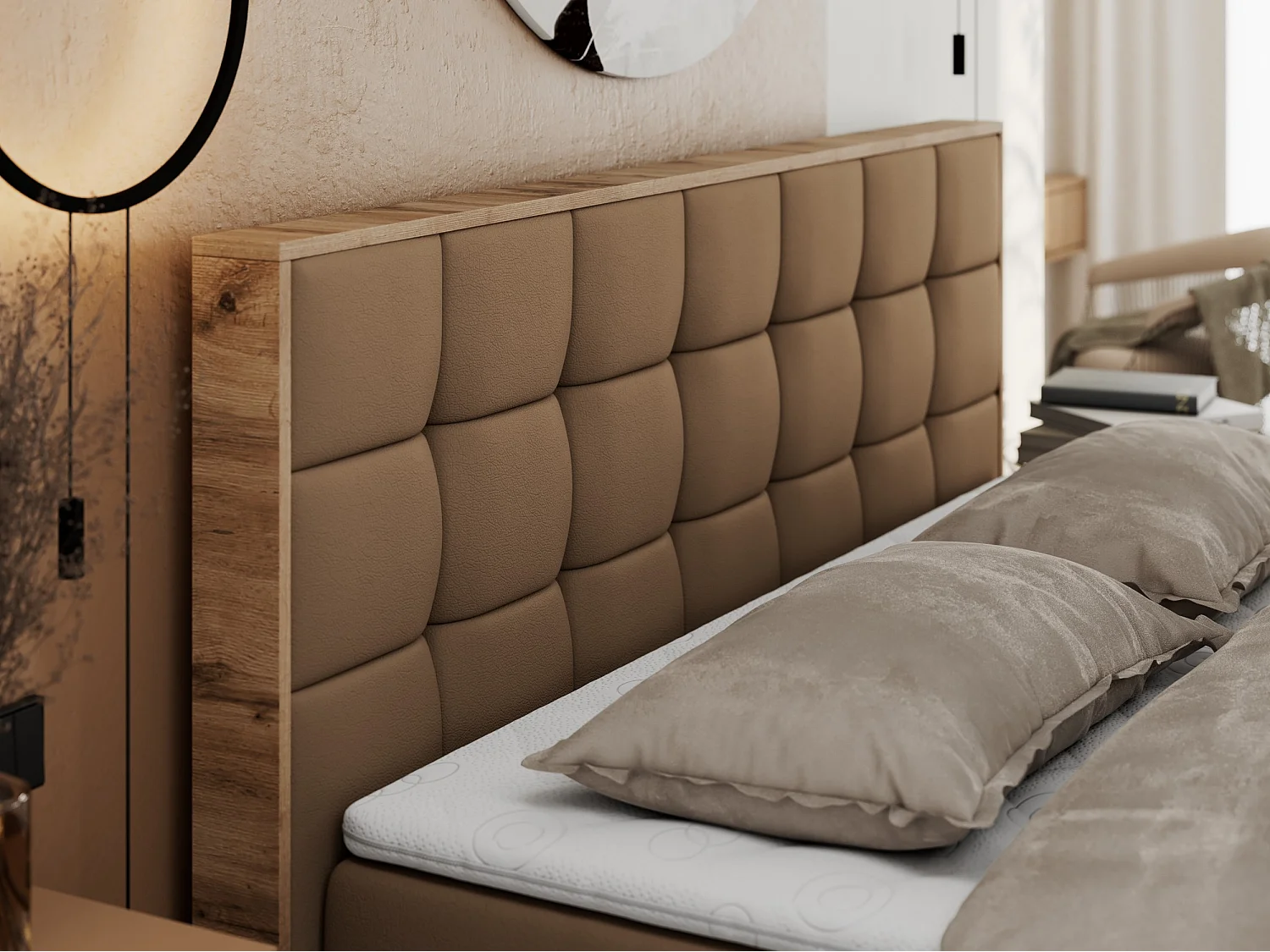 Boxspringbett ALBERO 1, Polsterbett mit gestepptem Kopfteil, Multipocket-Matratze - 120x200 cm - H3 - Braun Kunstleder