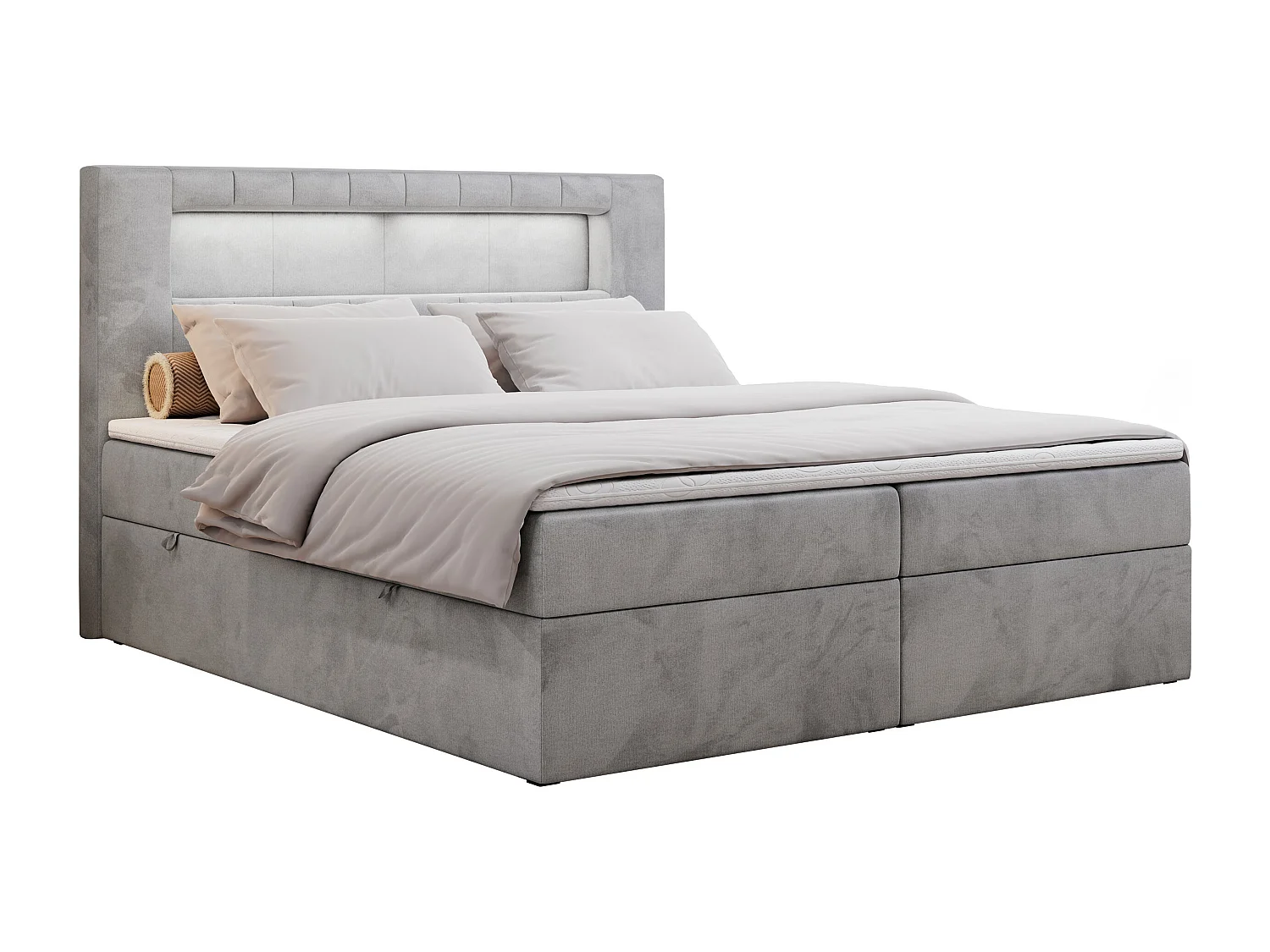 Boxspringbett GOLD 5 mit Multipocket-Matratze und LED, zwei Bettkästen - 160x200 cm - H4 - Hellgrau Velvet