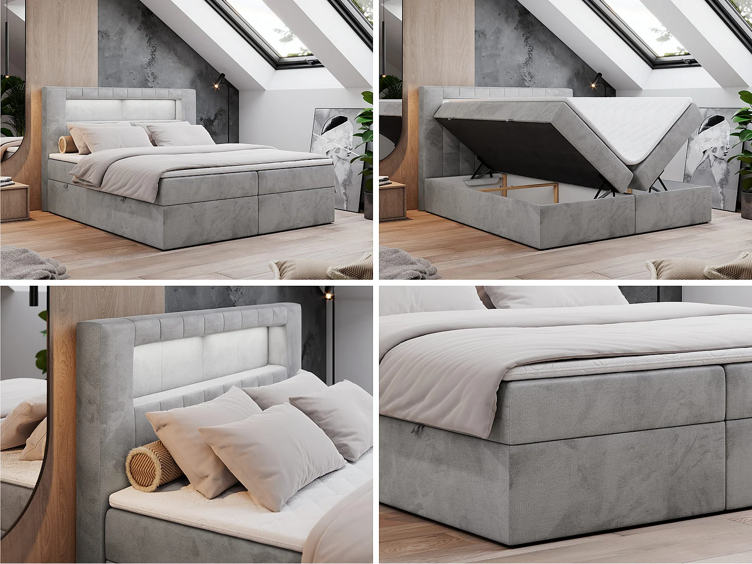 Lit boxspring avec 2 coffres - 2 matelas fermes + surmatelas mousse - Gris clair Velours - 160x200 - GOLD 5
