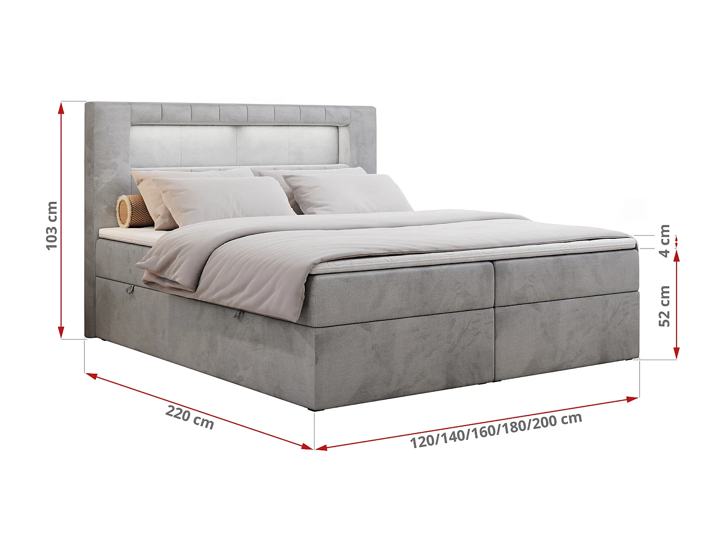 Lit boxspring avec 2 coffres - 2 matelas fermes + surmatelas mousse - Gris clair Velours - 160x200 - GOLD 5