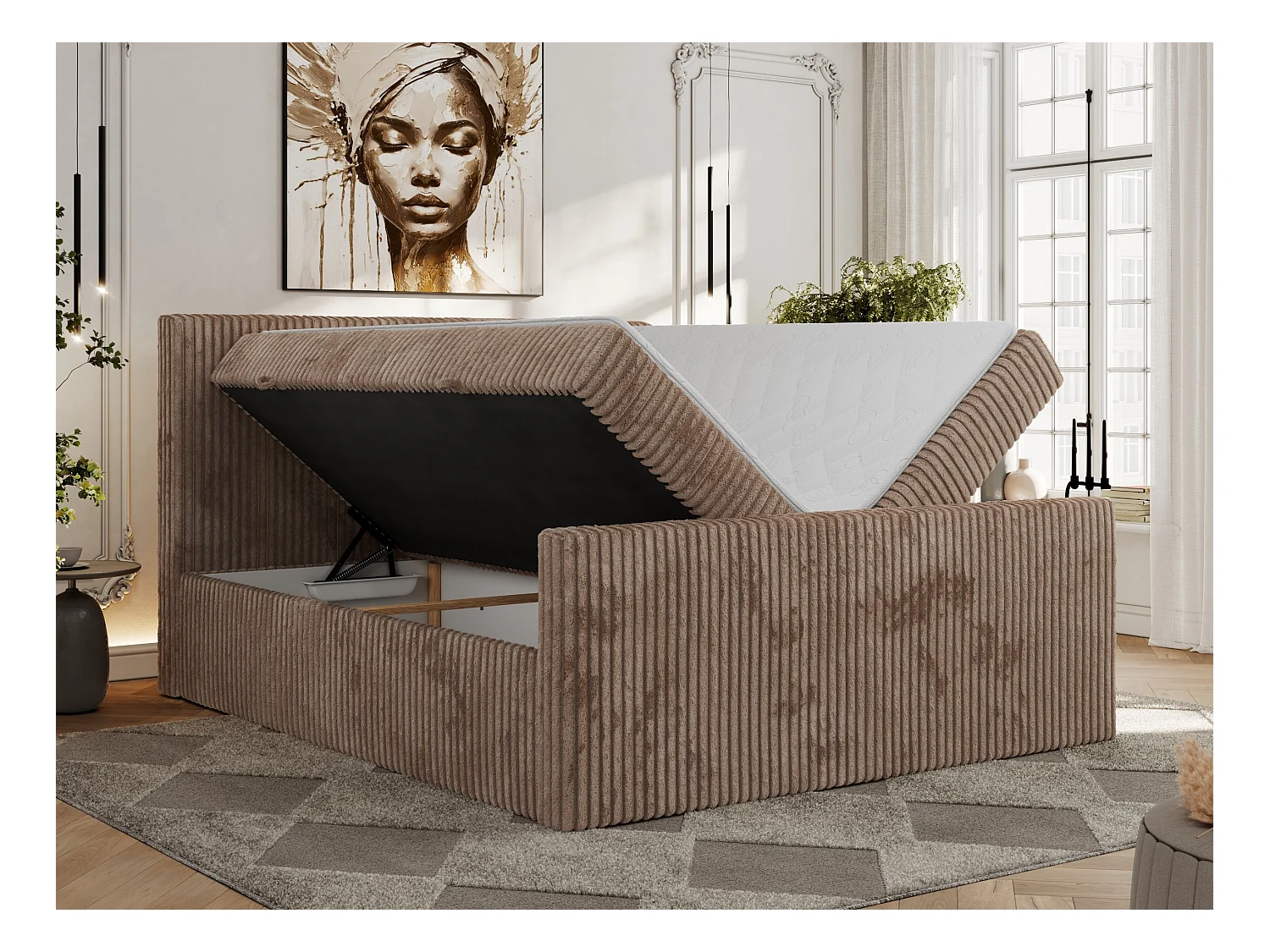 Boxspringbett TILIANO DUO mit gepolstertem Fußteil, Cord Bett, Multipocket-Matratze - 180x200 cm - H3 - Braun Cord