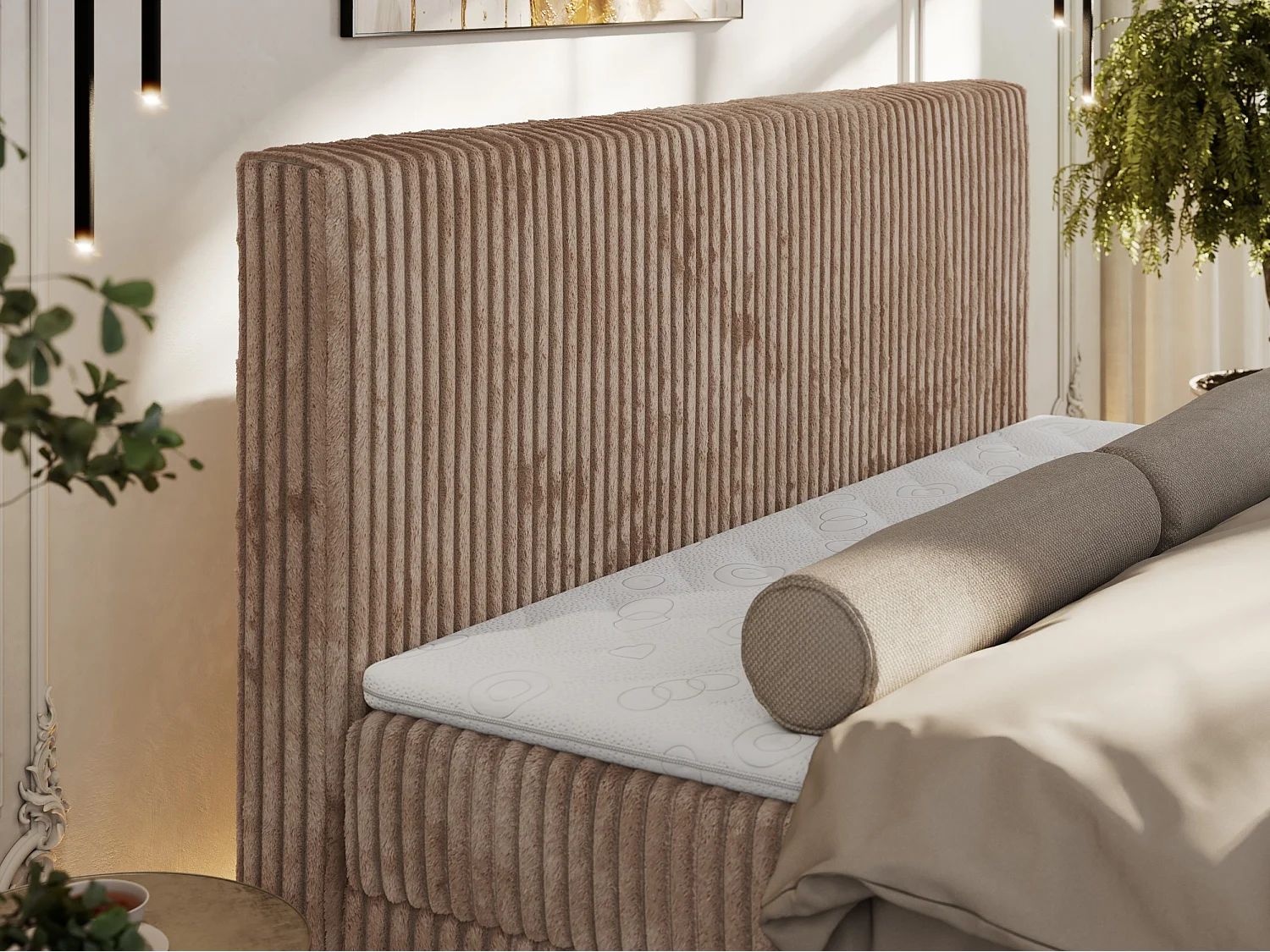 Boxspringbett TILIANO DUO mit gepolstertem Fußteil, Cord Bett, Multipocket-Matratze - 180x200 cm - H3 - Braun Cord