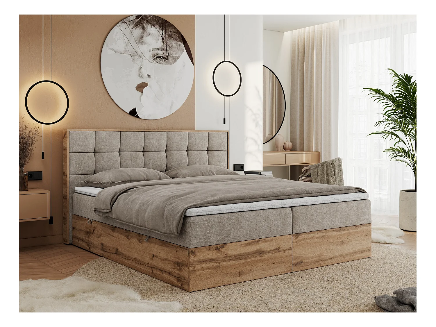 Boxspringbett ALBERO 1, Polsterbett mit gestepptem Kopfteil, Multipocket-Matratze - 160x200 cm - H3 - Beige Strukture