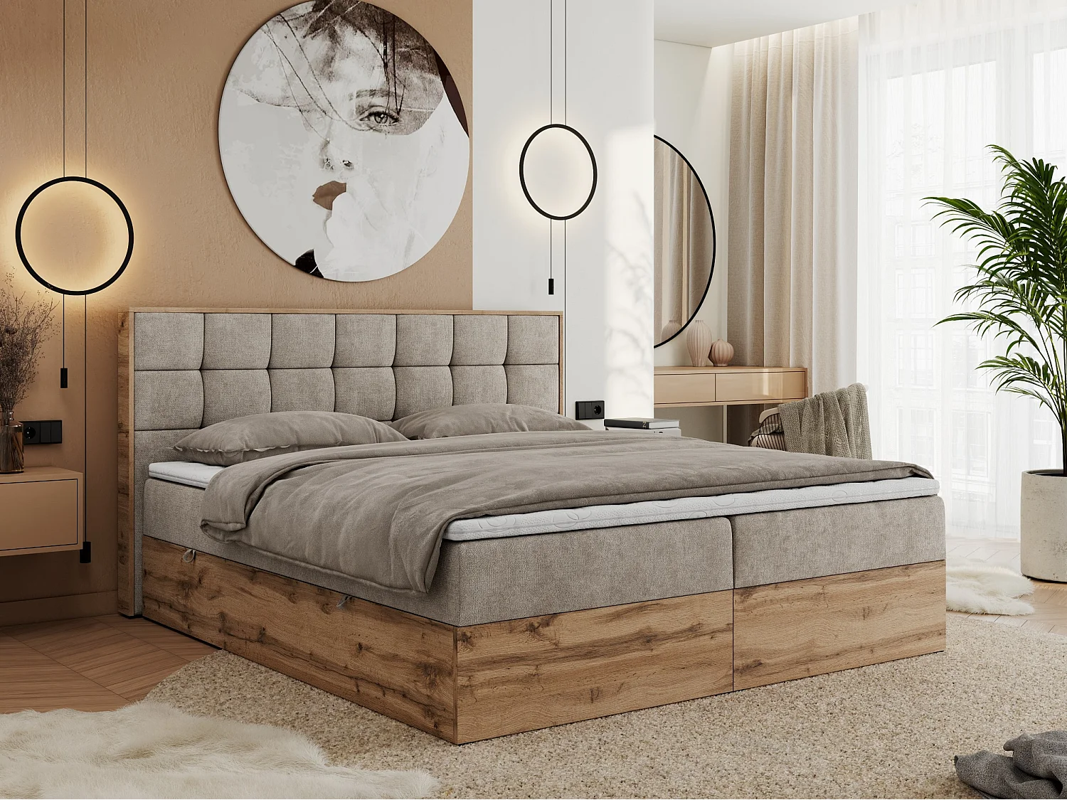 Boxspringbett ALBERO 1, Polsterbett mit gestepptem Kopfteil, Multipocket-Matratze - 160x200 cm - H3 - Beige Strukture