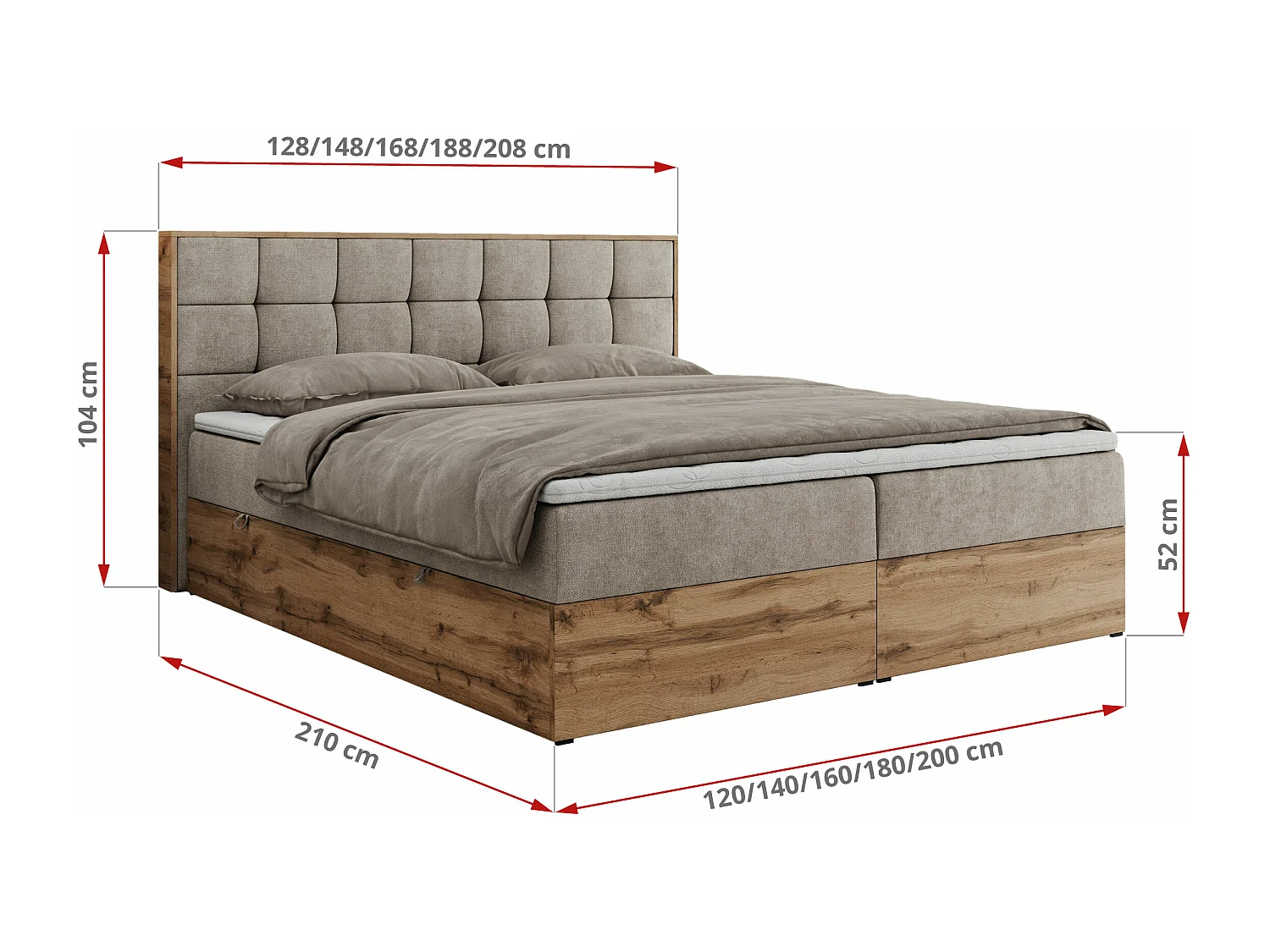 Boxspringbett ALBERO 1, Polsterbett mit gestepptem Kopfteil, Multipocket-Matratze - 160x200 cm - H3 - Beige Strukture