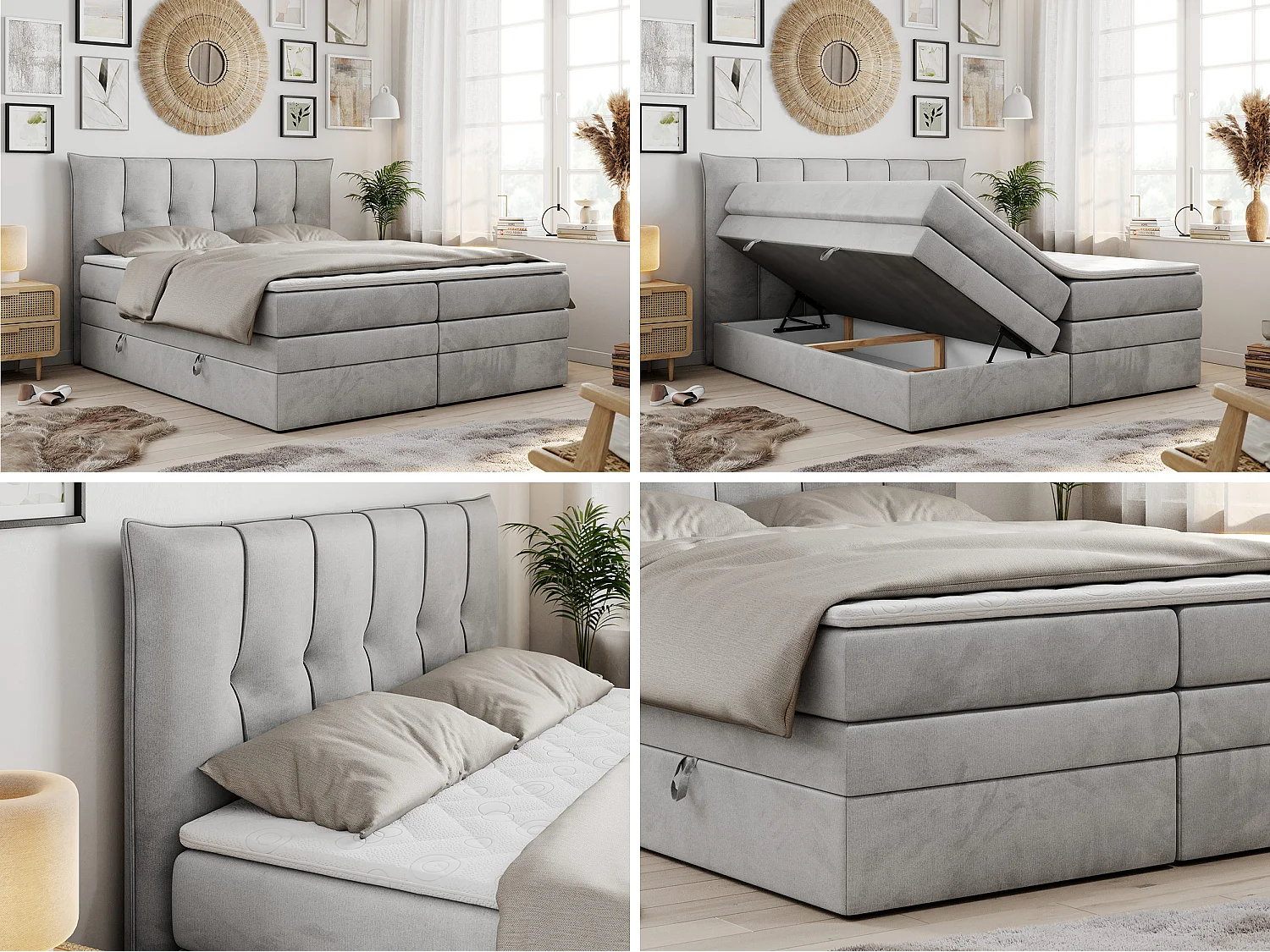 Boxspringbed met hoofdbord H3 + Topper T25 - Lichtgrijs Fluweel - 140x200 - PREMIUM 10 KING