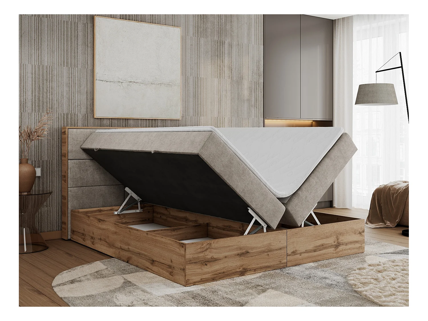 Boxspringbett ALBERO 2 mit Topper und Multipocket-Matratze, Stauraum, Holzrahmen - 200x200 cm - H3 - Beige Strukture