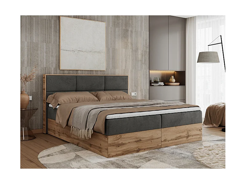 Boxspringbett ALBERO 2 mit Topper und Multipocket-Matratze, Stauraum, Holzrahmen - 160x200 cm - H3 - Dunkelgrau Velvet