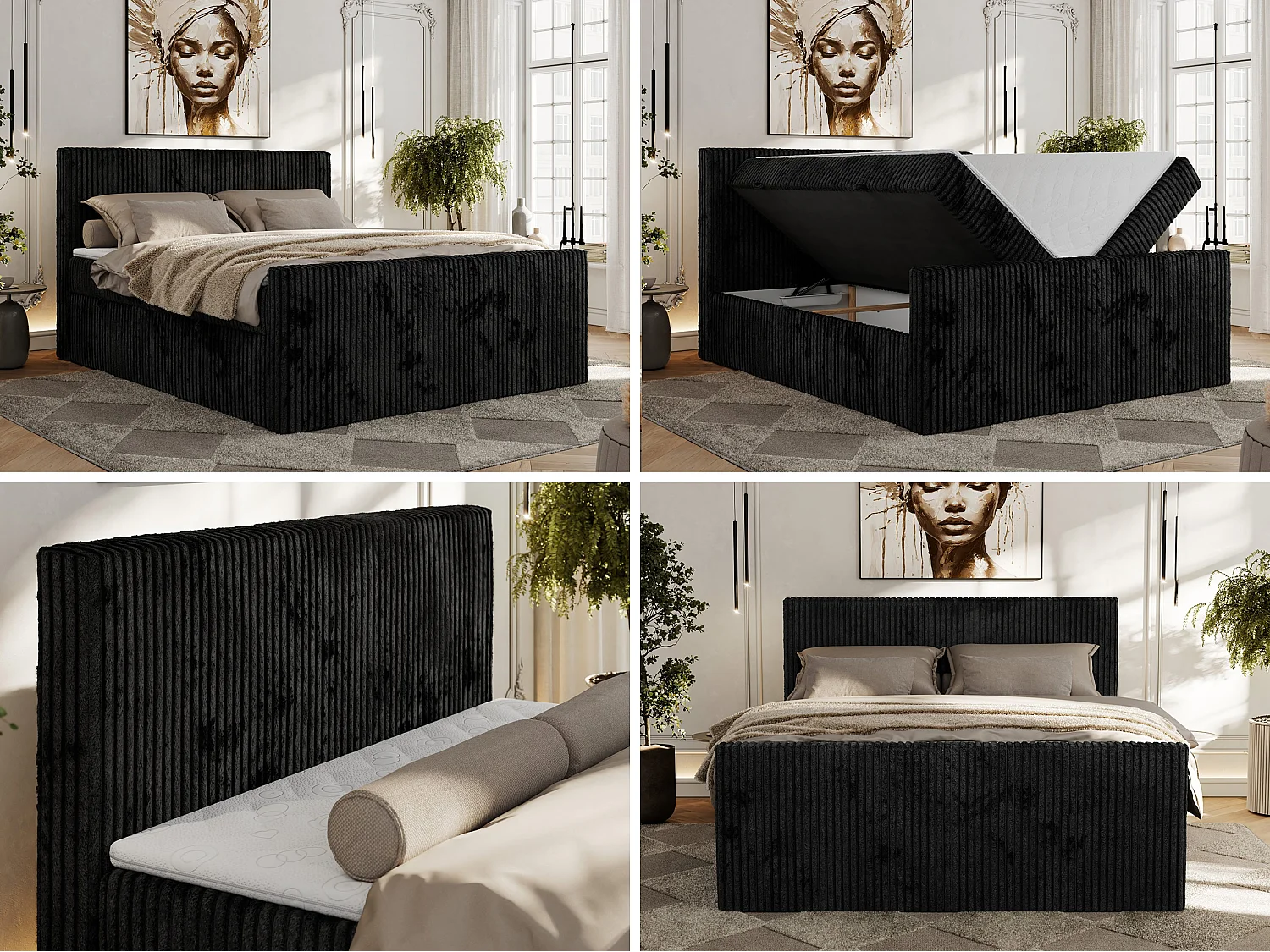 Boxspringbett TILIANO DUO mit gepolstertem Fußteil, Cord Bett, Multipocket-Matratze - 140x200 cm - H3 - Schwarz Cord