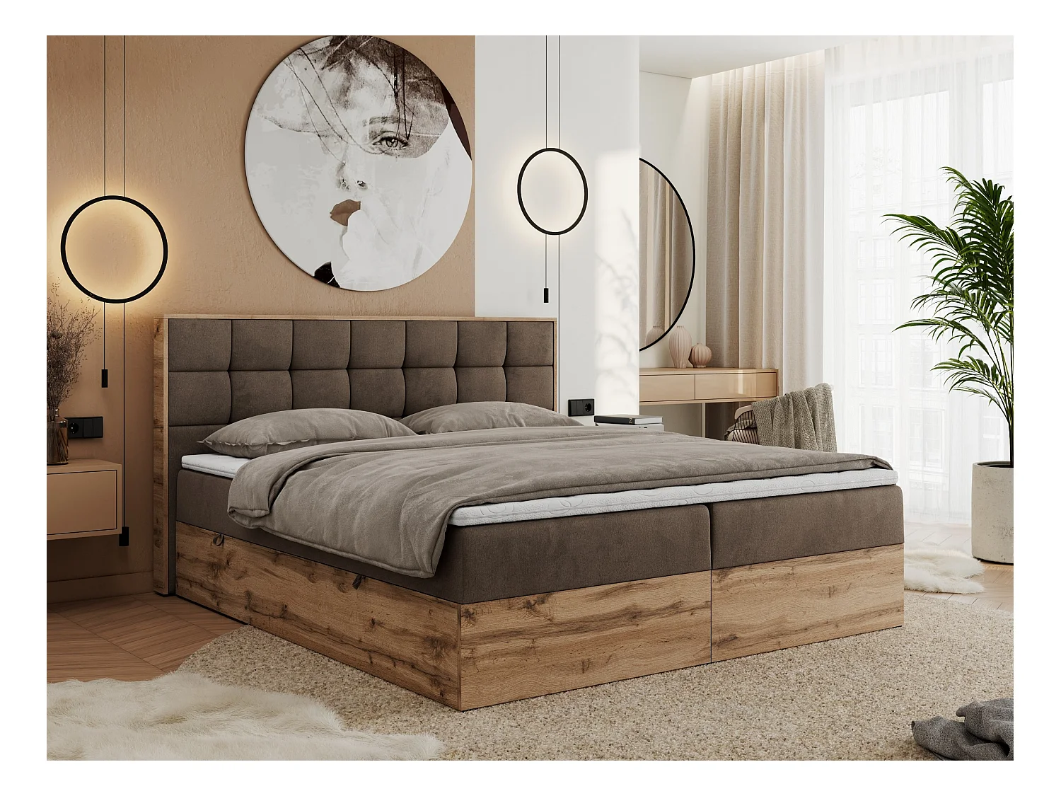 Boxspringbett ALBERO 1, Polsterbett mit gestepptem Kopfteil, Multipocket-Matratze - 160x200 cm - H3 - Braun Velvet