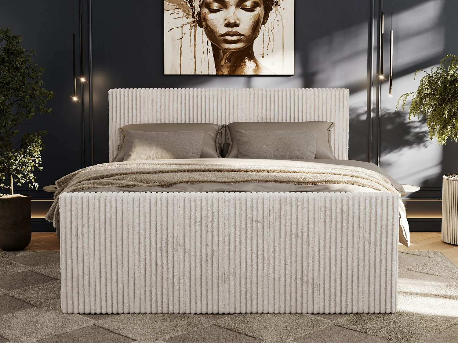 Boxspringbett TILIANO DUO mit gepolstertem Fußteil, Cord Bett, Multipocket-Matratze - 140x200 cm - H3 - Beige Cord