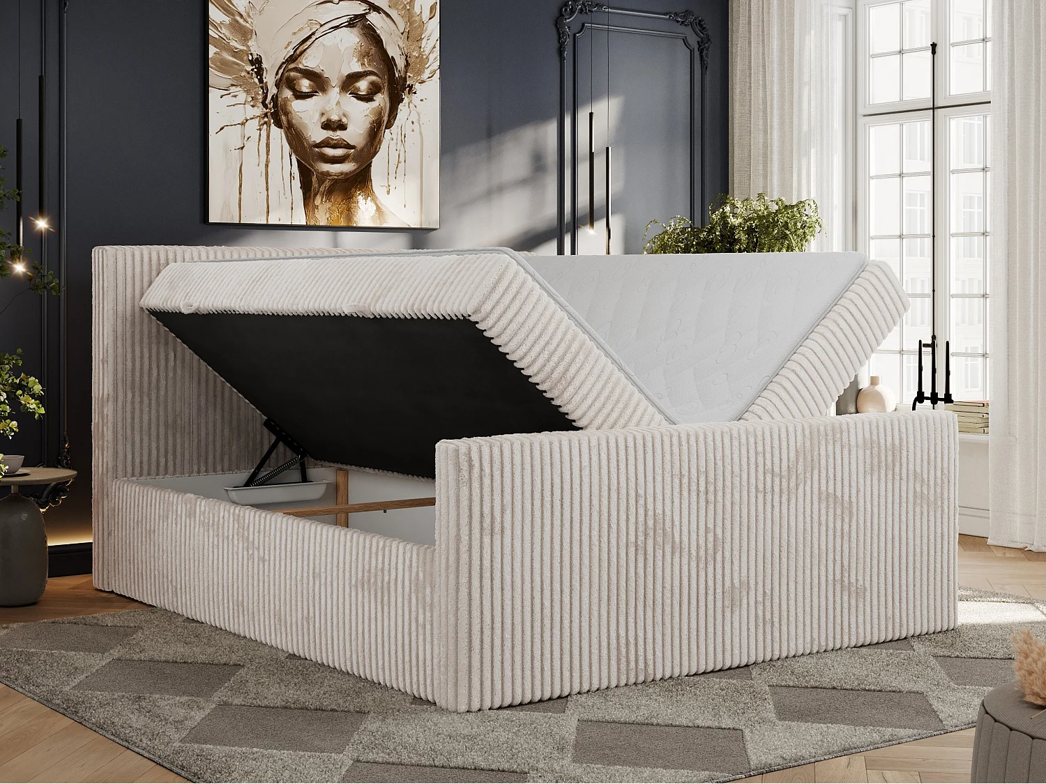 Boxspringbett TILIANO DUO mit gepolstertem Fußteil, Cord Bett, Multipocket-Matratze - 140x200 cm - H3 - Beige Cord