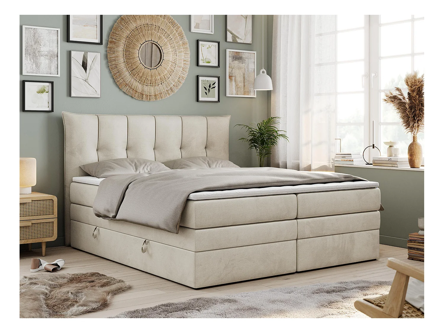 Boxspringbett PREMIUM 10 KING, Doppelbett mit Stauraum, gesteppte Kopfstütze, Multipocket-Matratze - 180x200 cm - H3 - Beige Velvet