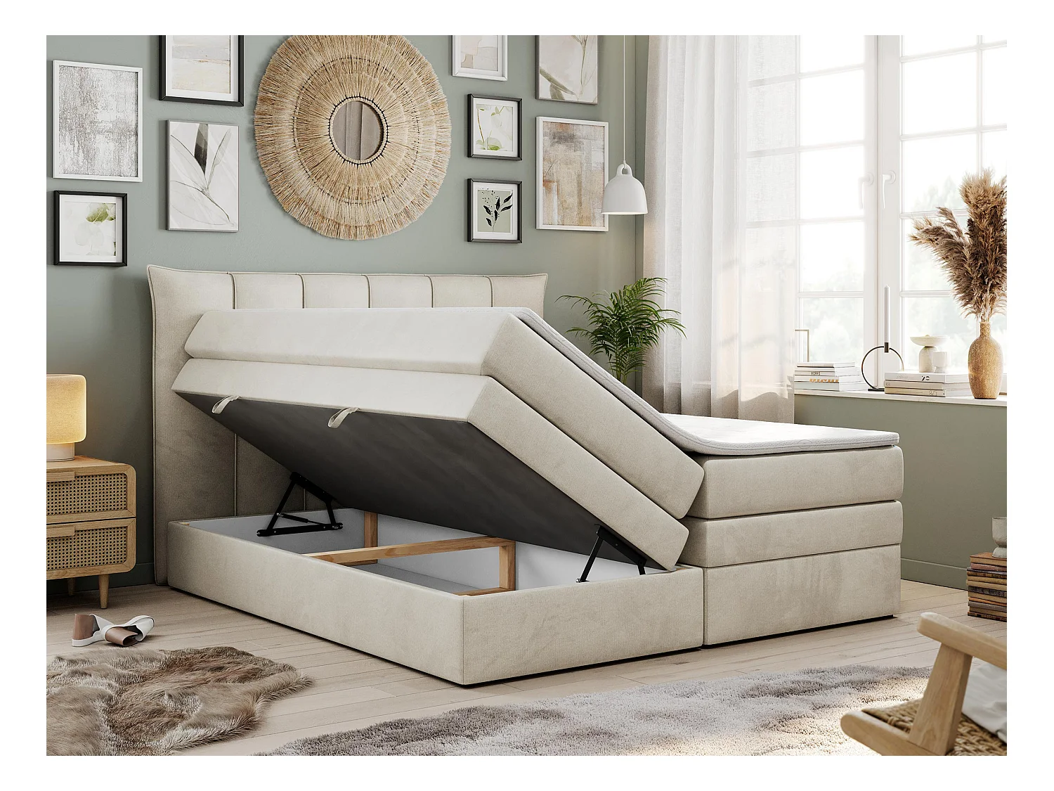 Boxspringbett PREMIUM 10 KING, Doppelbett mit Stauraum, gesteppte Kopfstütze, Multipocket-Matratze - 180x200 cm - H3 - Beige Velvet