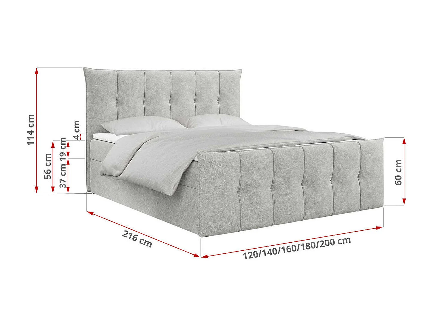 Boxspringbett PREMIUM 11 mit Stauraum, gestepptem Kopfteil, Multipocket-Matratze und Topper - 160x200 cm - H4 - Hellgrau Strukture