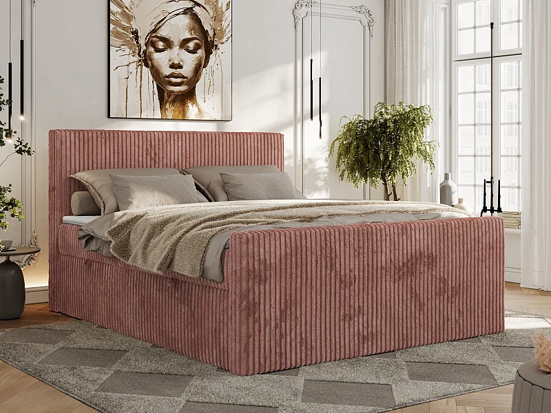 Boxspringbett TILIANO DUO mit gepolstertem Fußteil, Cord Bett, Multipocket-Matratze - 200x200 cm - H3 - Rosa Cord