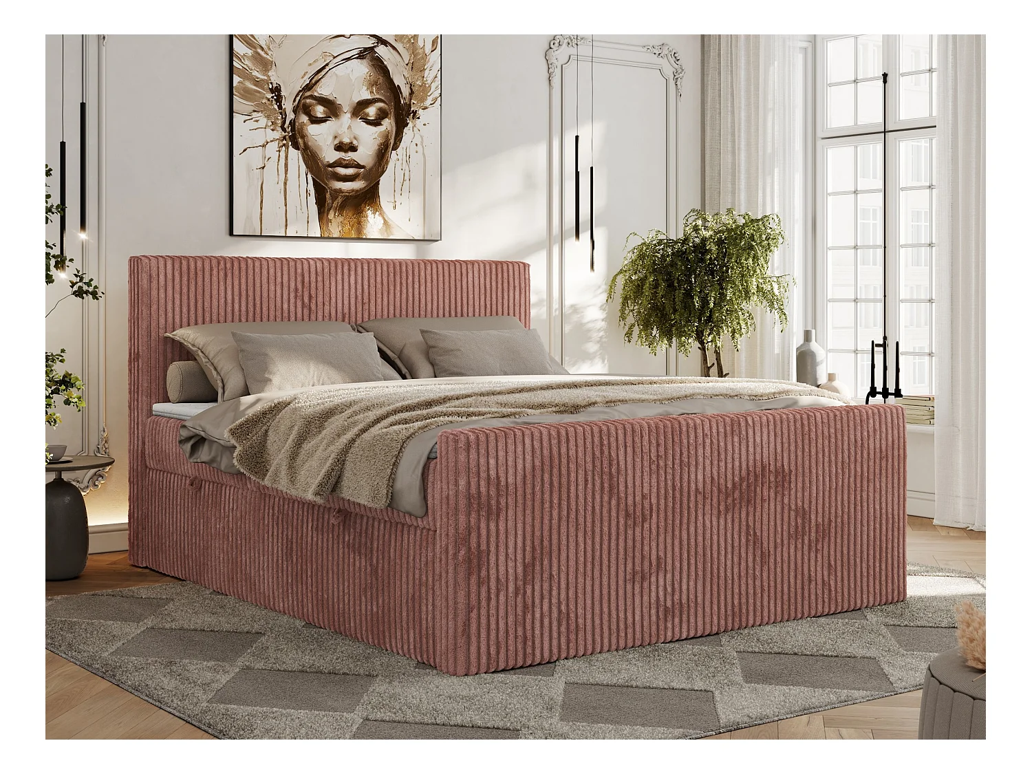 Boxspringbett TILIANO DUO mit gepolstertem Fußteil, Cord Bett, Multipocket-Matratze - 200x200 cm - H3 - Rosa Cord