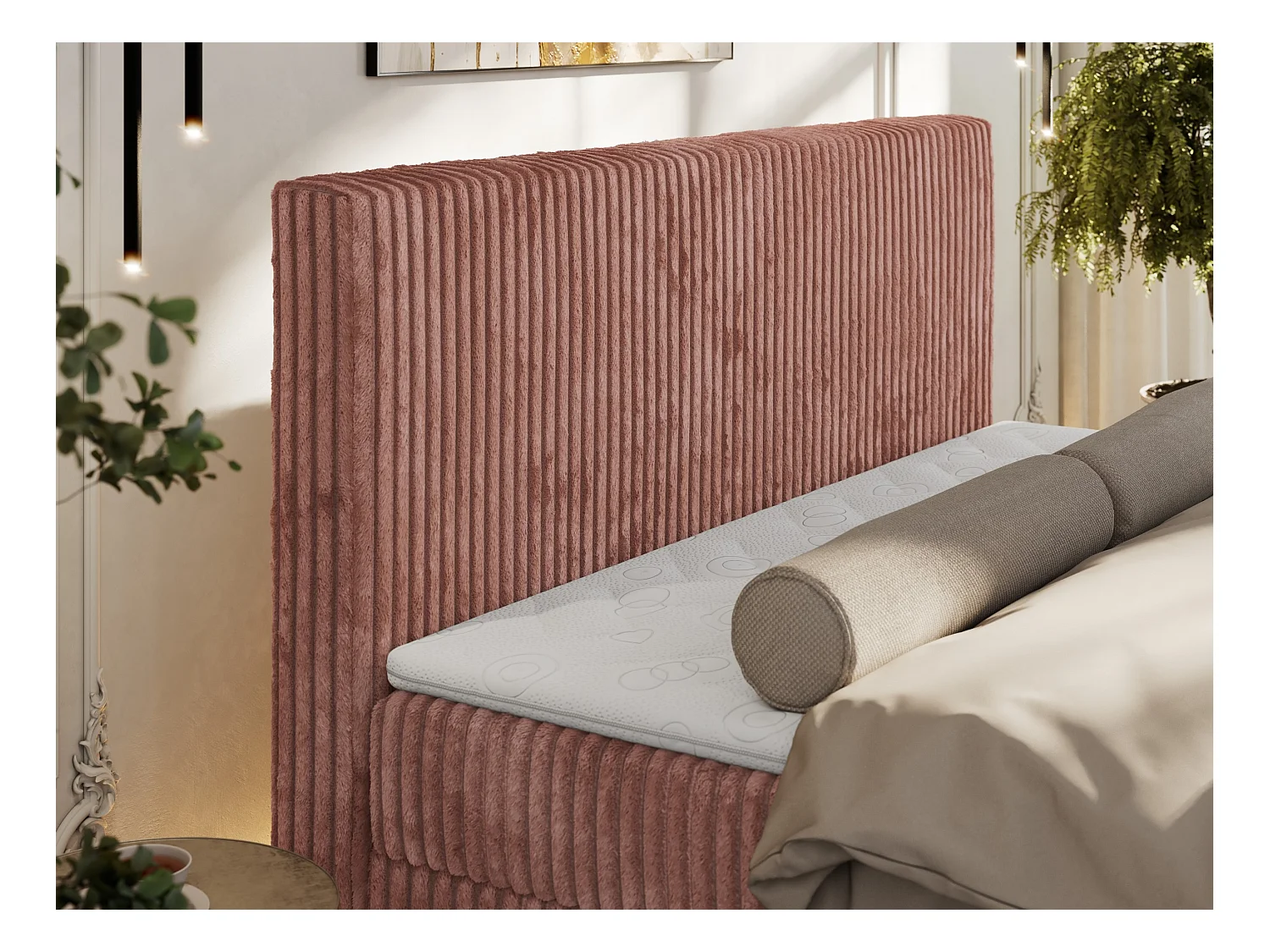 Boxspringbett TILIANO DUO mit gepolstertem Fußteil, Cord Bett, Multipocket-Matratze - 200x200 cm - H3 - Rosa Cord