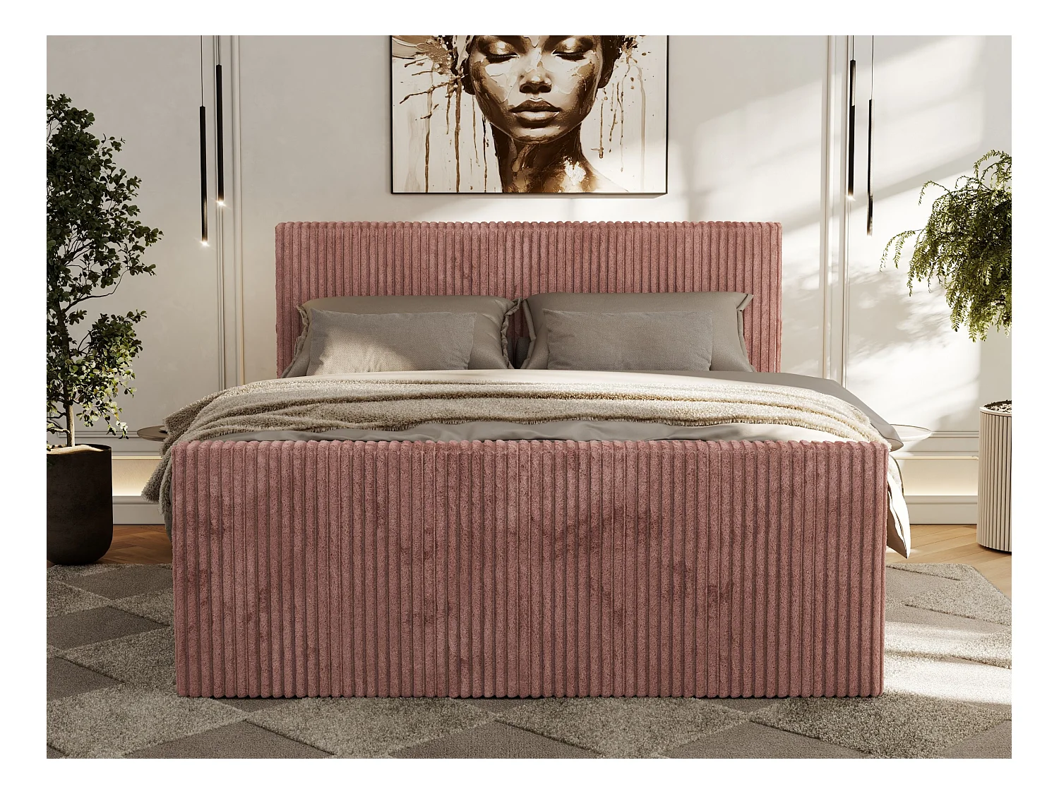 Boxspringbett TILIANO DUO mit gepolstertem Fußteil, Cord Bett, Multipocket-Matratze - 200x200 cm - H3 - Rosa Cord