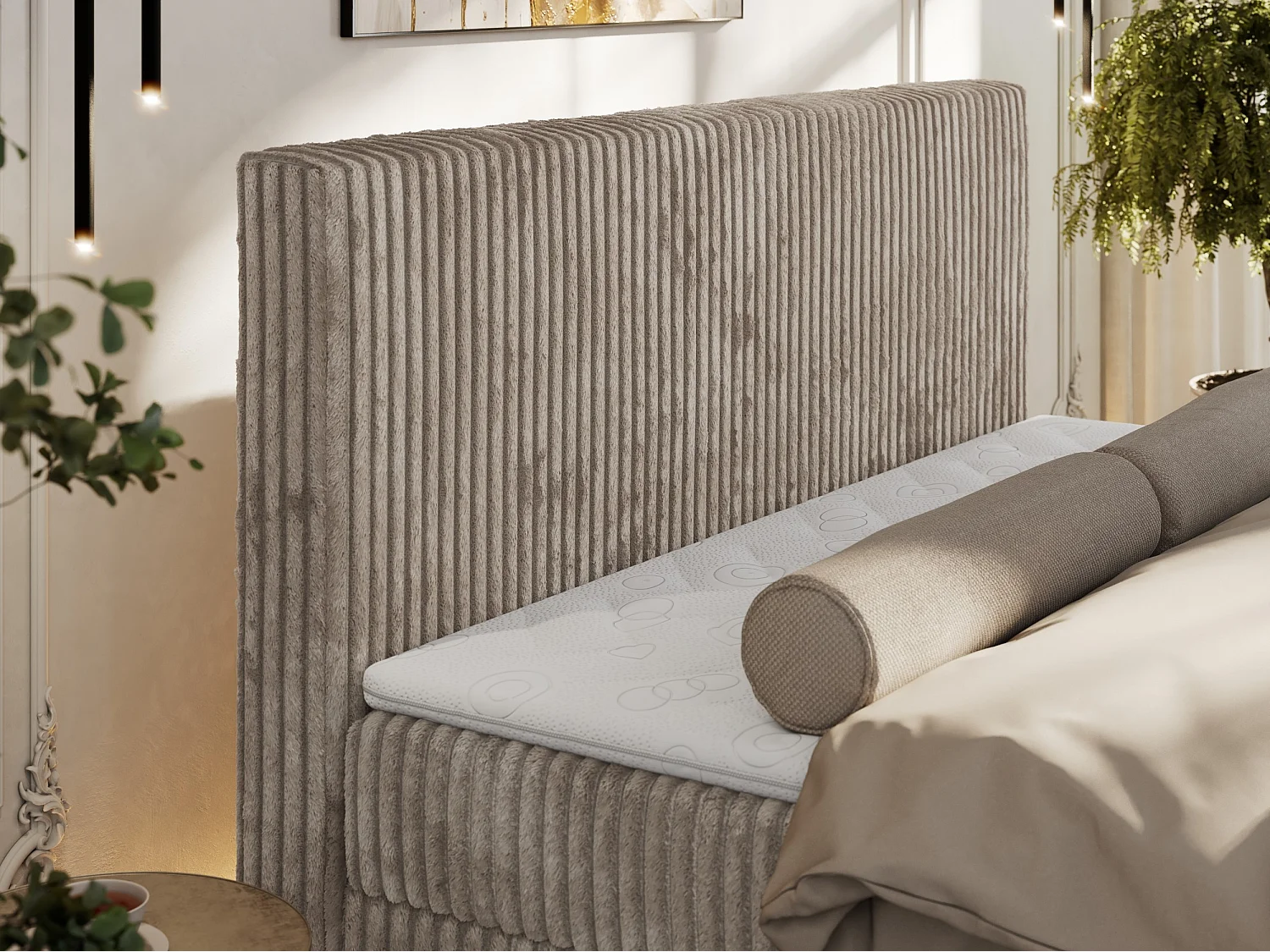 Boxspringbett TILIANO DUO mit gepolstertem Fußteil, Cord Bett, Multipocket-Matratze - 180x200 cm - H3 - Hellbraun Cord