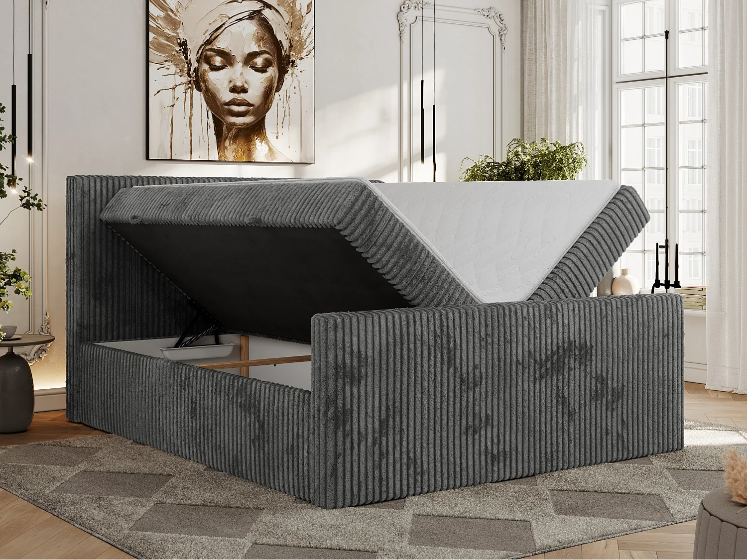 Boxspringbett TILIANO DUO mit gepolstertem Fußteil, Cord Bett, Multipocket-Matratze - 200x200 cm - H3 - Grau Cord