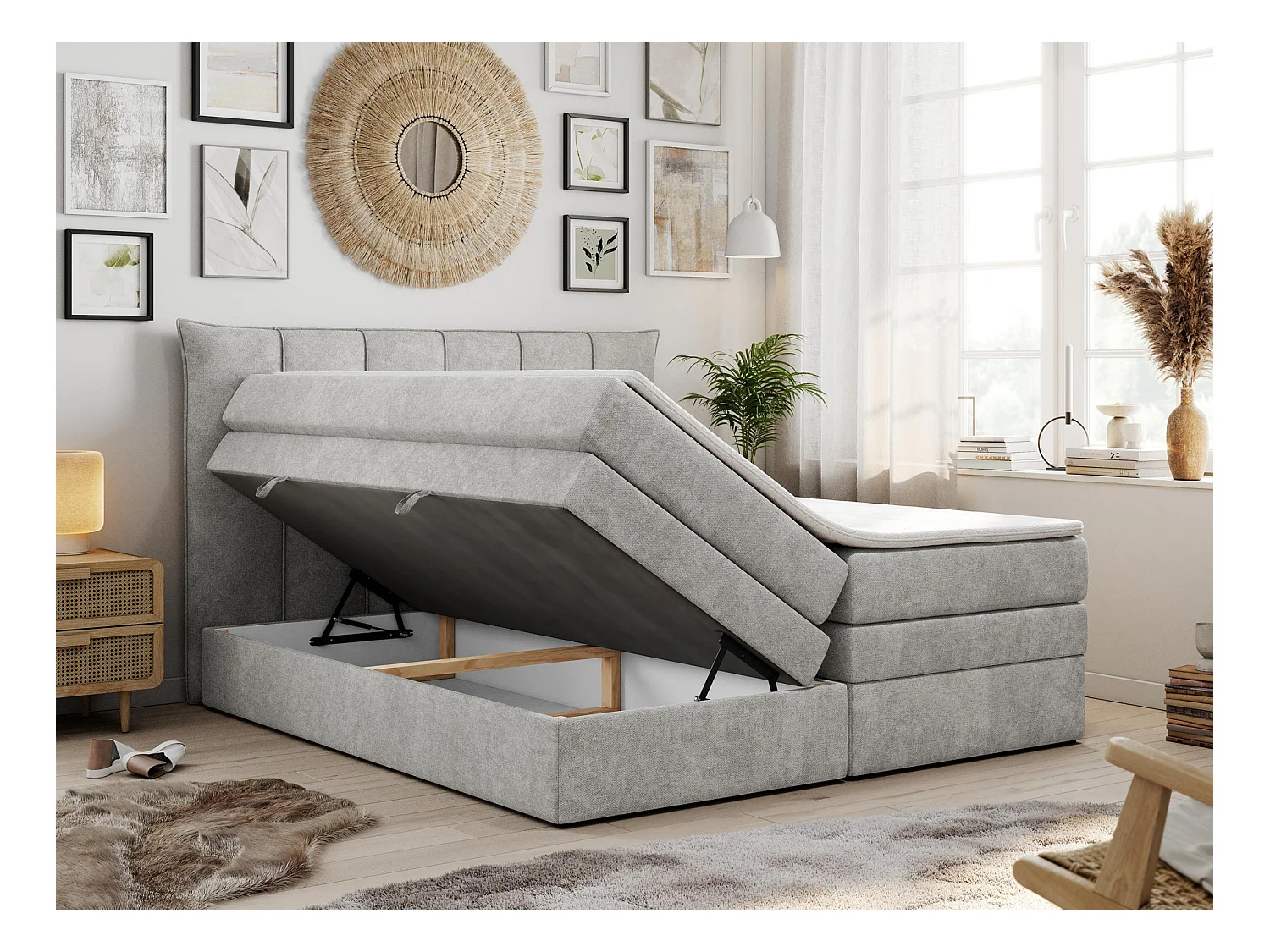 Boxspringbett PREMIUM 10 KING, Doppelbett mit Stauraum, gesteppte Kopfstütze, Multipocket-Matratze - 200x200 cm - H3 - Hellgrau Strukture