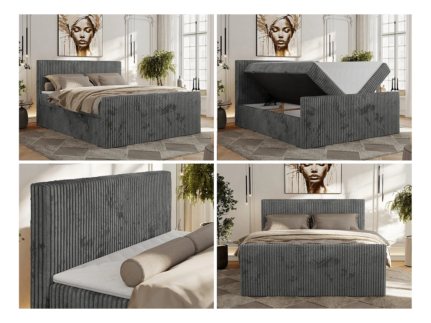 Boxspringbett TILIANO DUO mit gepolstertem Fußteil, Cord Bett, Multipocket-Matratze - 160x200 cm - H3 - Grau Cord