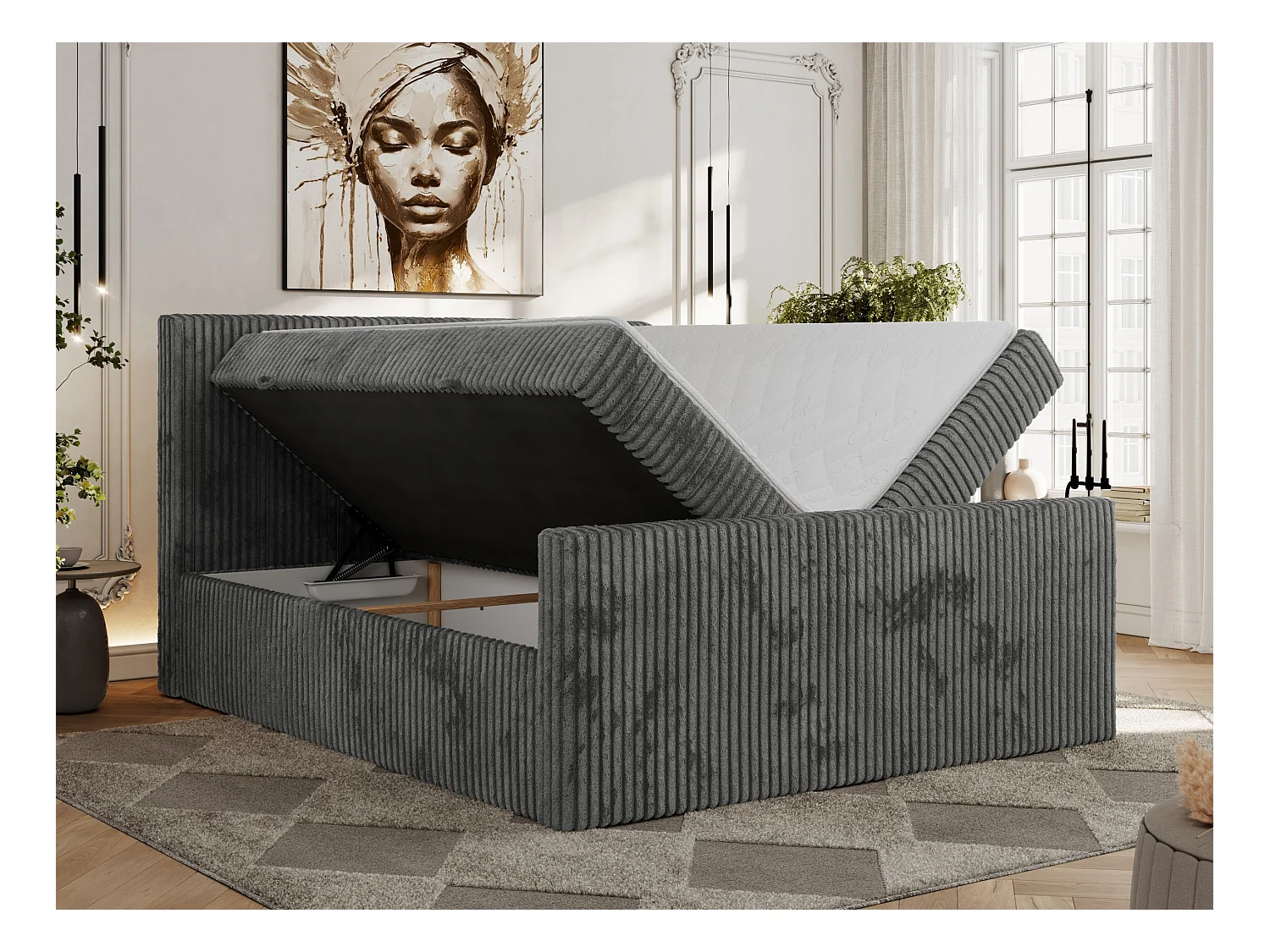 Boxspringbett TILIANO DUO mit gepolstertem Fußteil, Cord Bett, Multipocket-Matratze - 160x200 cm - H3 - Grau Cord