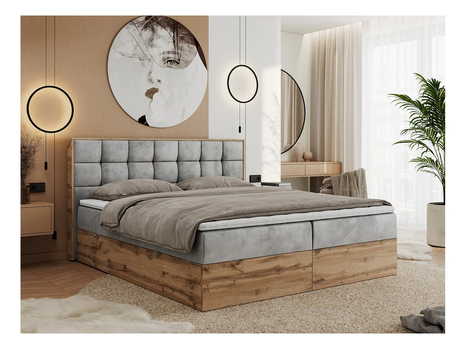 Boxspringbett ALBERO 1, Polsterbett mit gestepptem Kopfteil, Multipocket-Matratze - 160x200 cm - H3 - Hellgrau Velvet