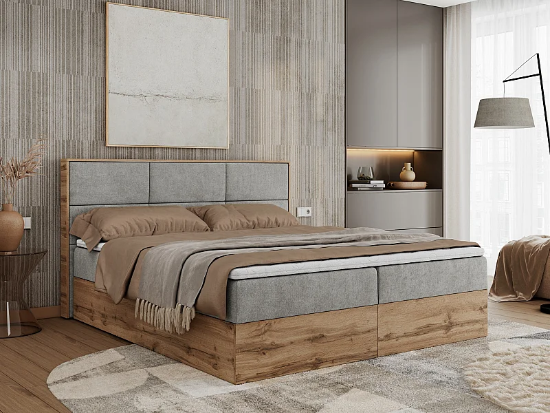 Boxspringbett ALBERO 2 mit Topper und Multipocket-Matratze, Stauraum, Holzrahmen - 180x200 cm - H3 - Hellgrau Strukture