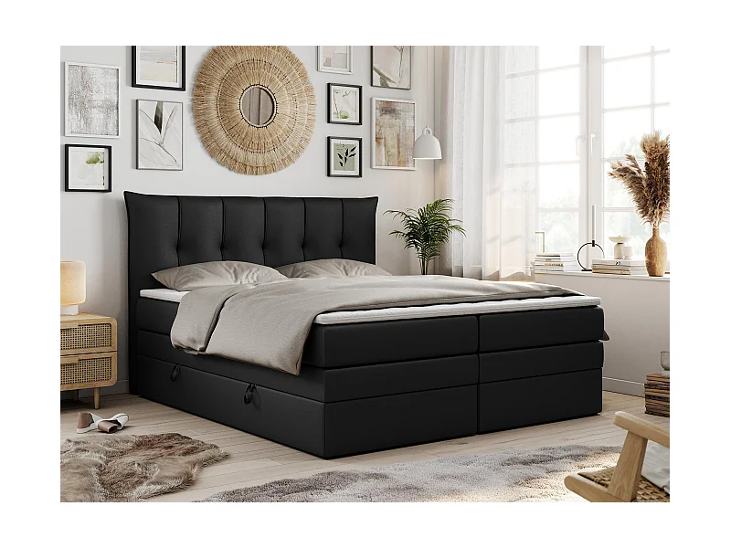 Boxspringbett PREMIUM 10 KING, Doppelbett mit Stauraum, gesteppte Kopfstütze, Multipocket-Matratze - 160x200 cm - H3 - Schwarz Kunstleder