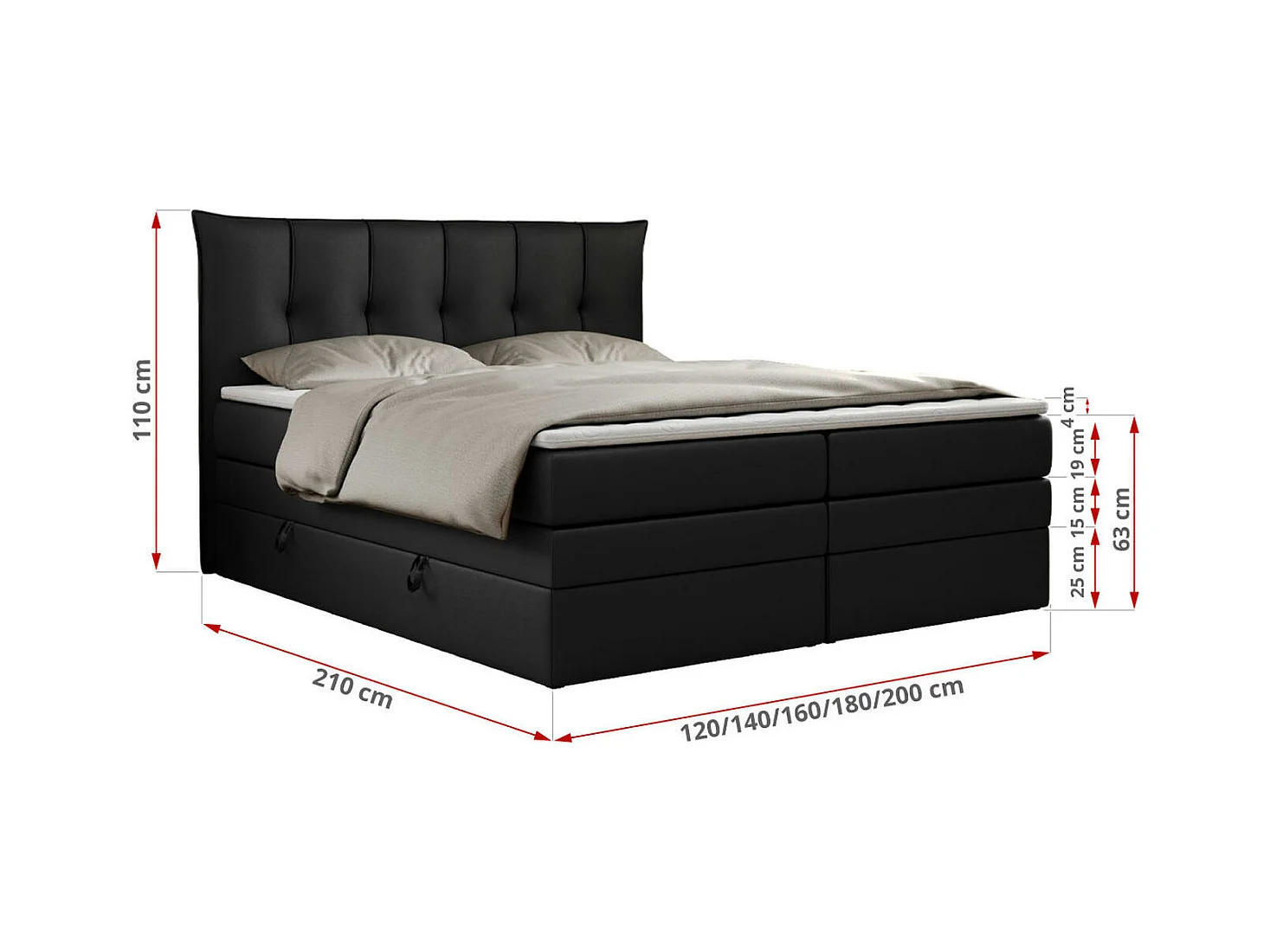Boxspringbett PREMIUM 10 KING, Doppelbett mit Stauraum, gesteppte Kopfstütze, Multipocket-Matratze - 160x200 cm - H3 - Schwarz Kunstleder
