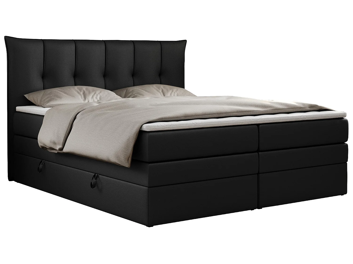 Lit boxspring avec 2 coffres - 2 matelas mi-fermes + surmatelas mousse - Noir Similicuir - 160x200 - PREMIUM 10 KING