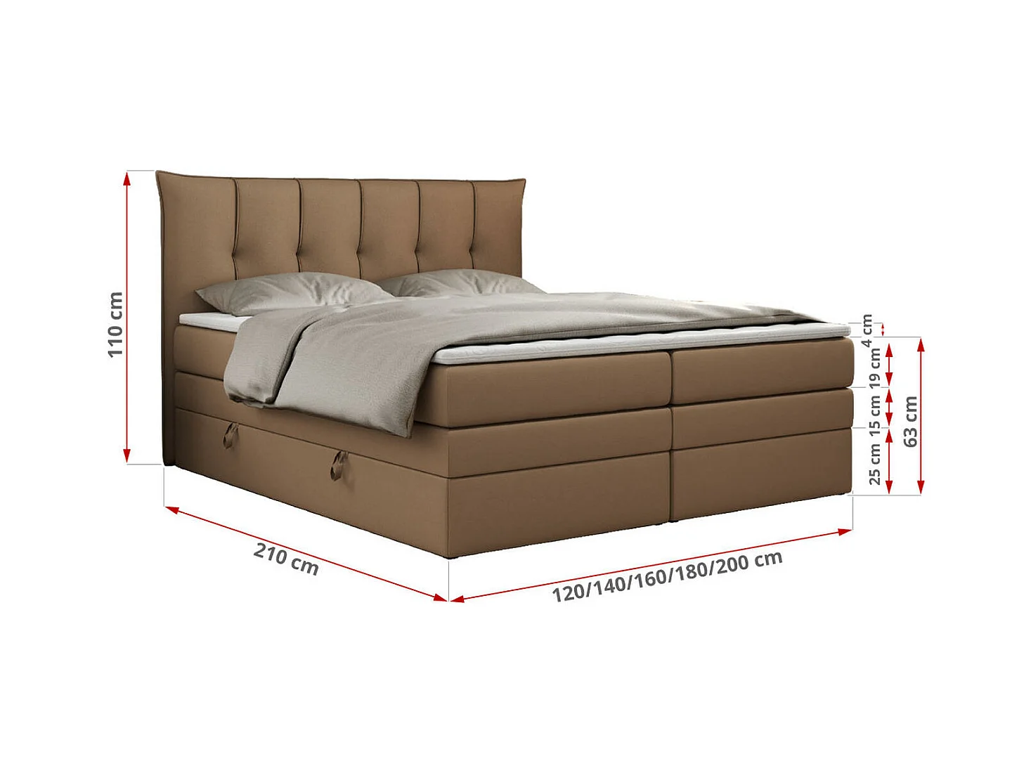 Boxspringbett PREMIUM 10 KING, Doppelbett mit Stauraum, gesteppte Kopfstütze, Multipocket-Matratze - 160x200 cm - H3 - Braun Kunstleder