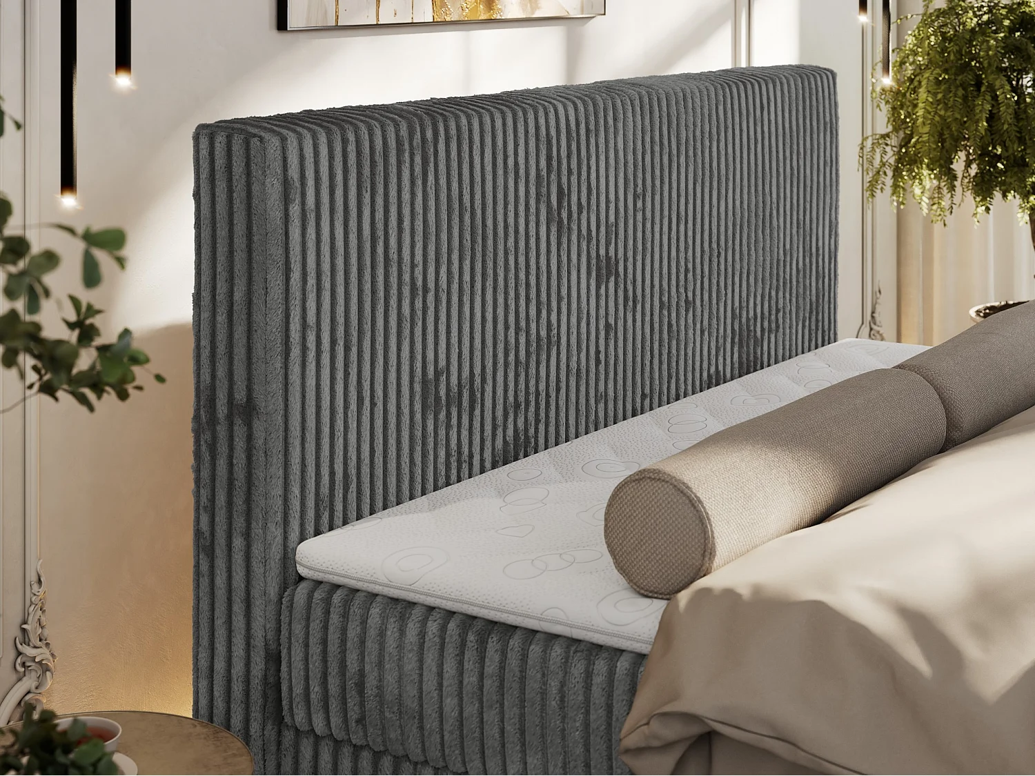 Boxspringbett TILIANO DUO mit gepolstertem Fußteil, Cord Bett, Multipocket-Matratze - 180x200 cm - H3 - Grau Cord