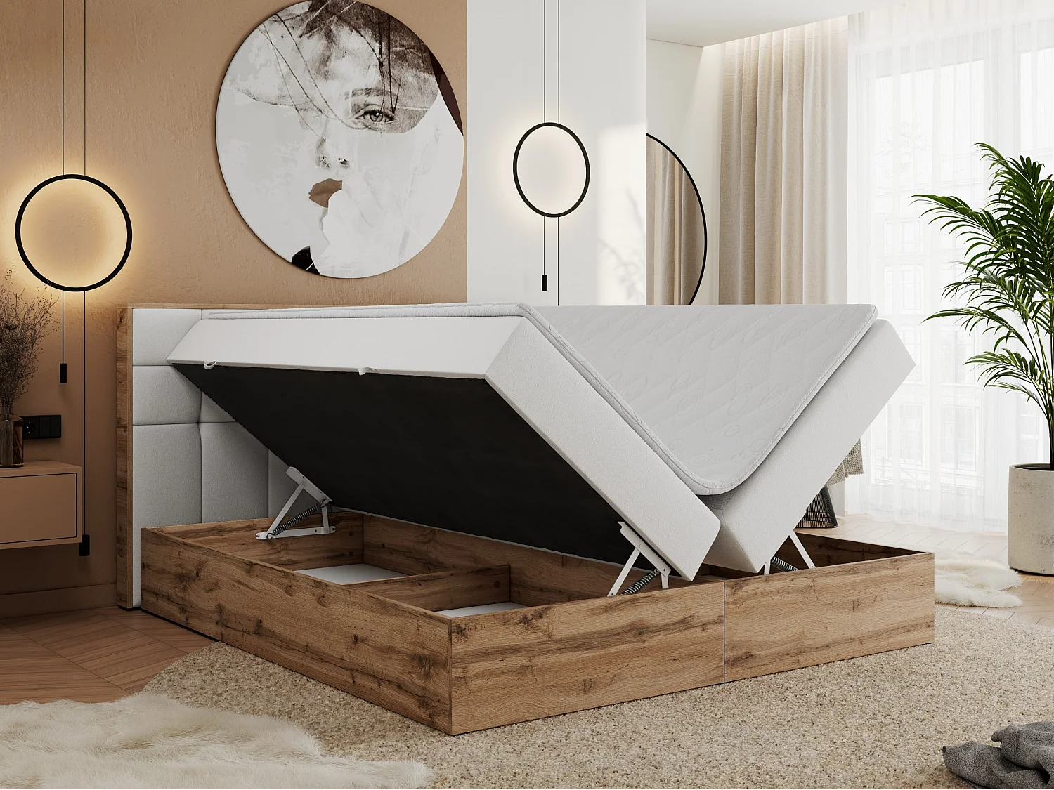 Boxspringbett ALBERO 1, Polsterbett mit gestepptem Kopfteil, Multipocket-Matratze - 200x200 cm - H3 - Weiß Kunstleder