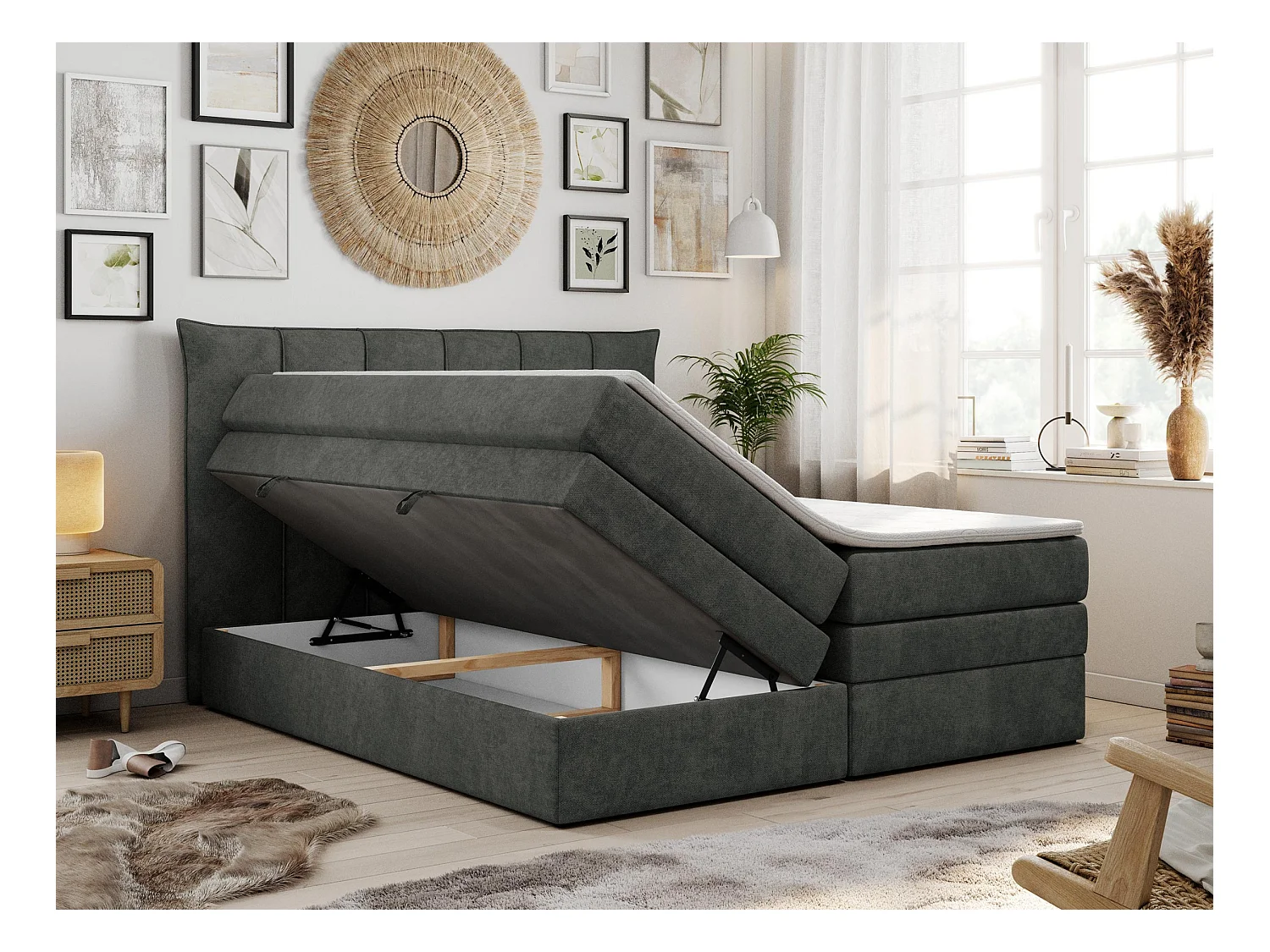 Boxspringbett PREMIUM 10 KING, Doppelbett mit Stauraum, gesteppte Kopfstütze, Multipocket-Matratze - 120x200 cm - H3 - Dunkelgrau Strukture