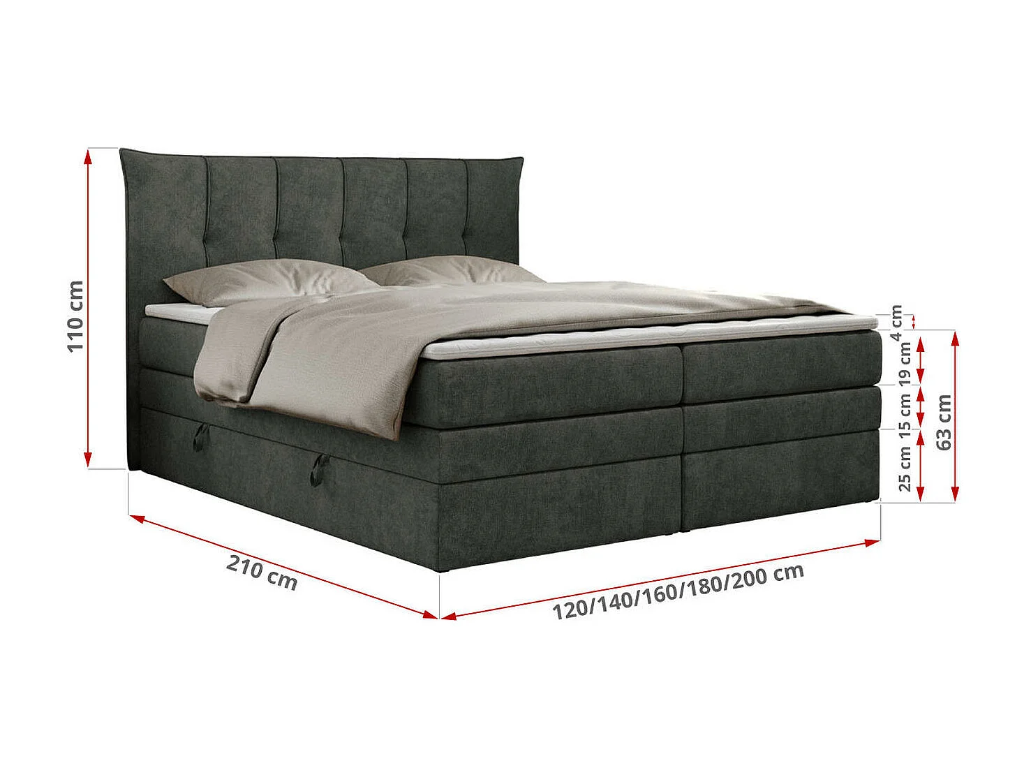 Boxspringbett PREMIUM 10 KING, Doppelbett mit Stauraum, gesteppte Kopfstütze, Multipocket-Matratze - 120x200 cm - H3 - Dunkelgrau Strukture