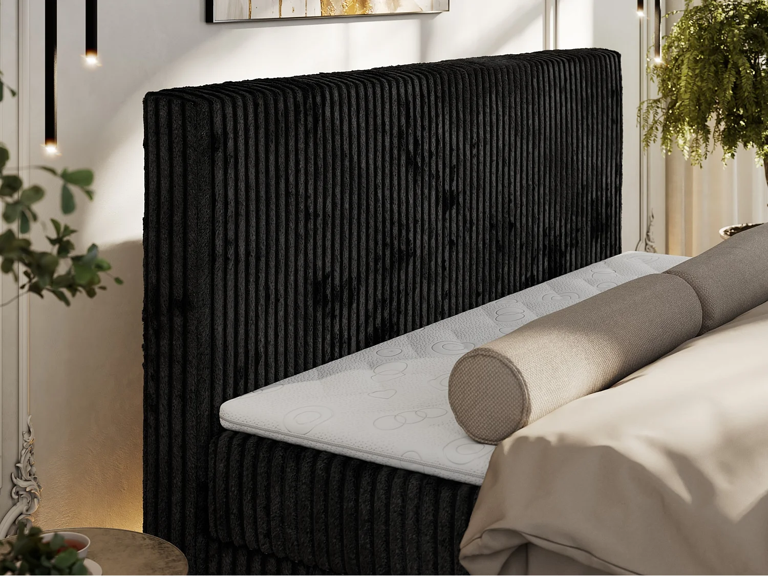 Boxspringbett TILIANO DUO mit gepolstertem Fußteil, Cord Bett, Multipocket-Matratze - 160x200 cm - H3 - Schwarz Cord