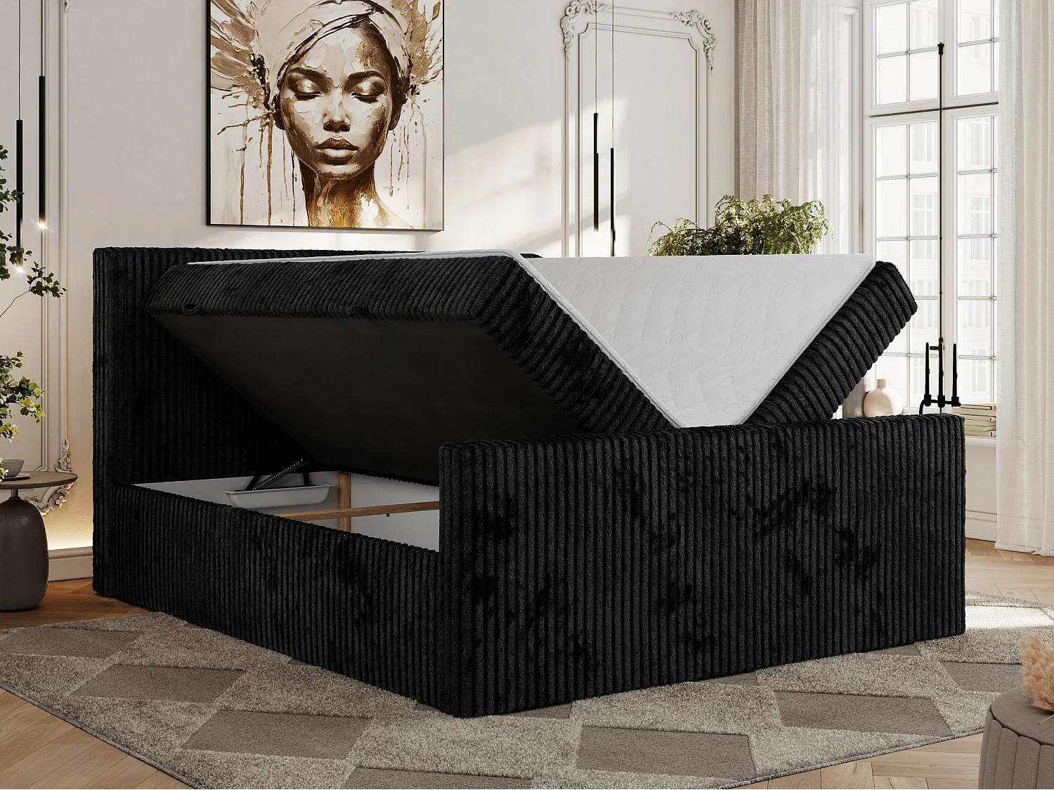 Boxspringbett TILIANO DUO mit gepolstertem Fußteil, Cord Bett, Multipocket-Matratze - 160x200 cm - H3 - Schwarz Cord