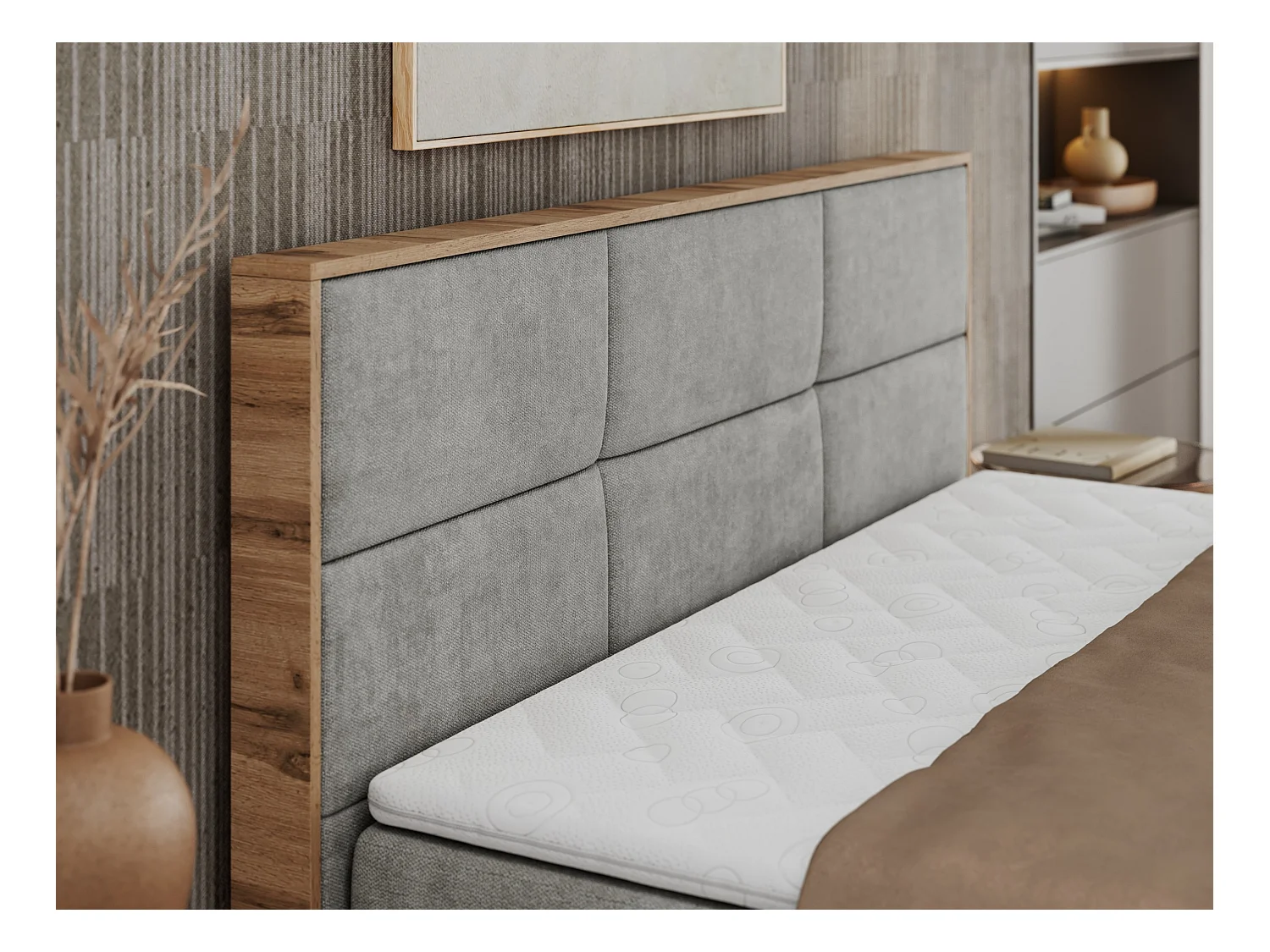 Boxspringbett ALBERO 2 mit Topper und Multipocket-Matratze, Stauraum, Holzrahmen - 160x200 cm - H3 - Hellgrau Strukture