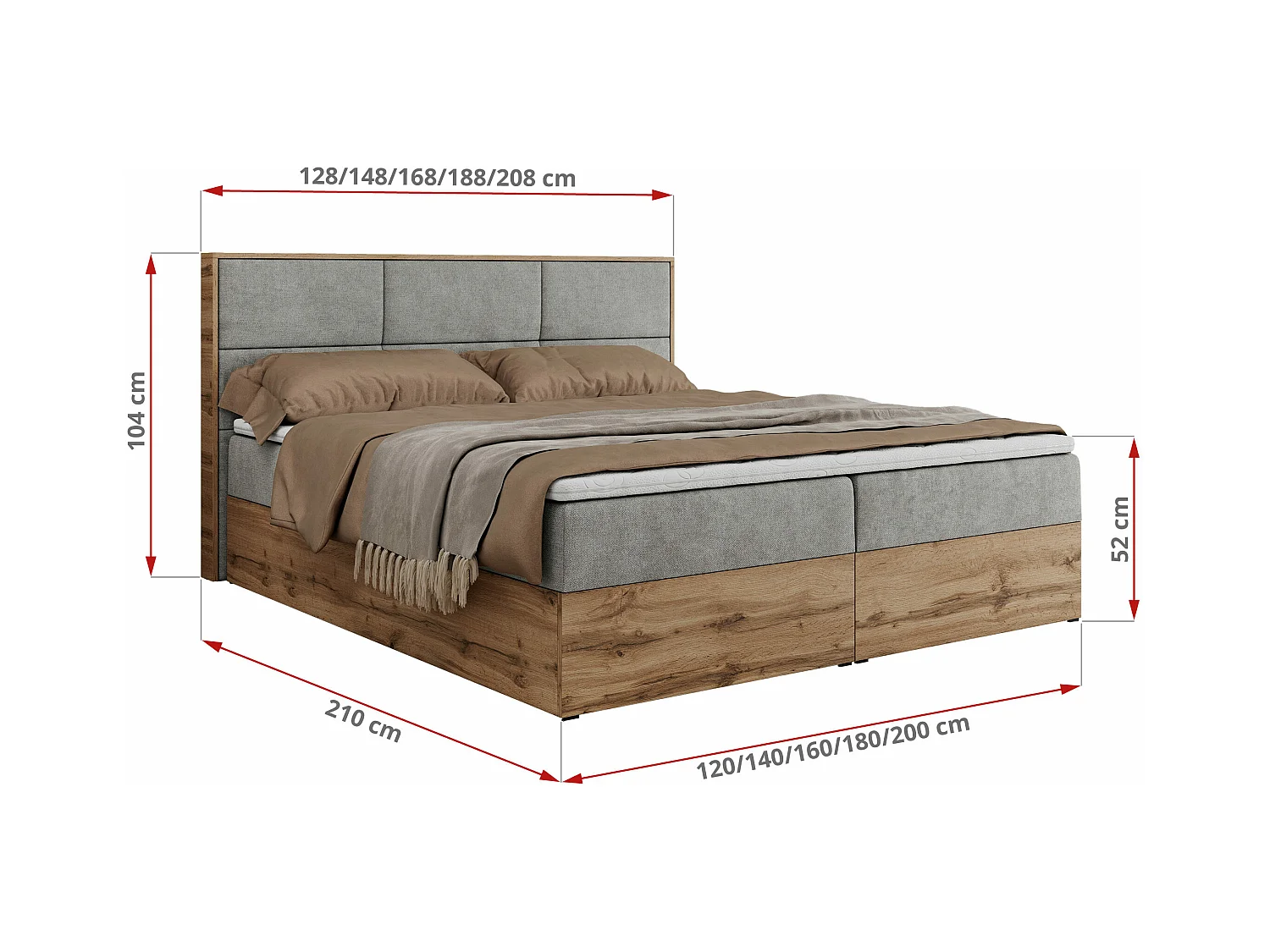 Boxspringbett ALBERO 2 mit Topper und Multipocket-Matratze, Stauraum, Holzrahmen - 160x200 cm - H3 - Hellgrau Strukture