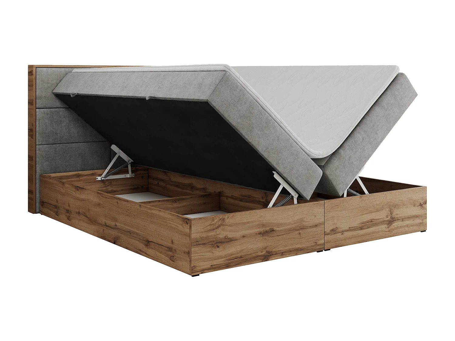 Boxspringbett ALBERO 2 mit Topper und Multipocket-Matratze, Stauraum, Holzrahmen - 160x200 cm - H3 - Hellgrau Strukture
