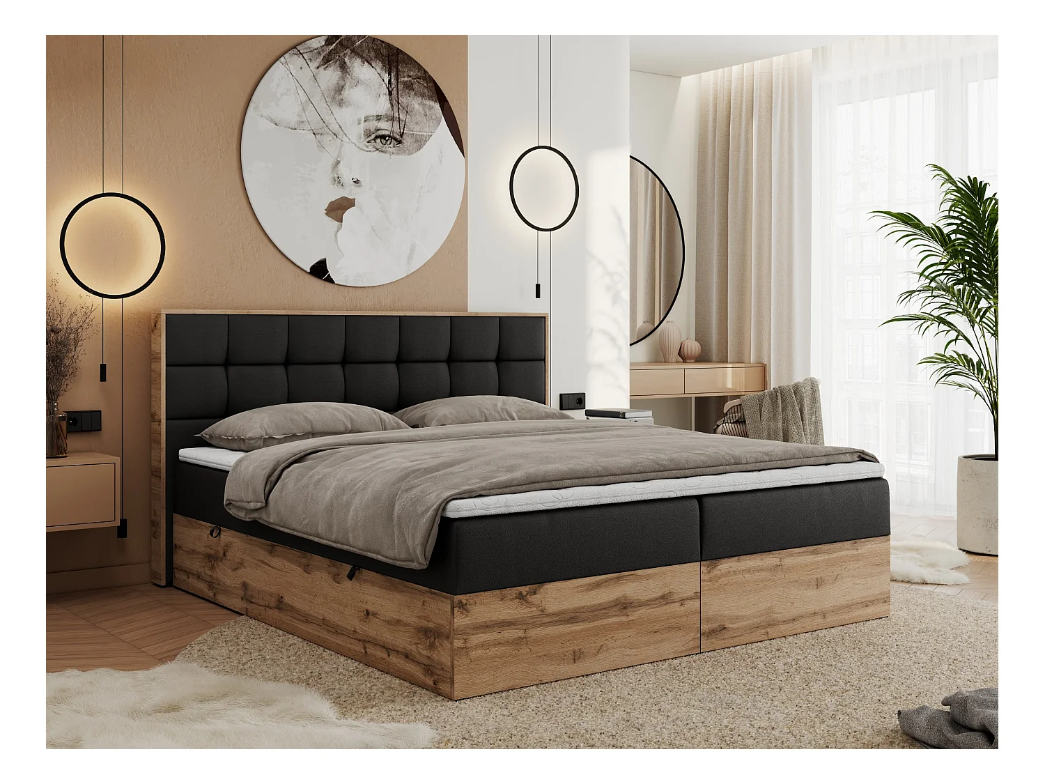 Boxspringbett ALBERO 1, Polsterbett mit gestepptem Kopfteil, Multipocket-Matratze - 160x200 cm - H3 - Schwarz Kunstleder