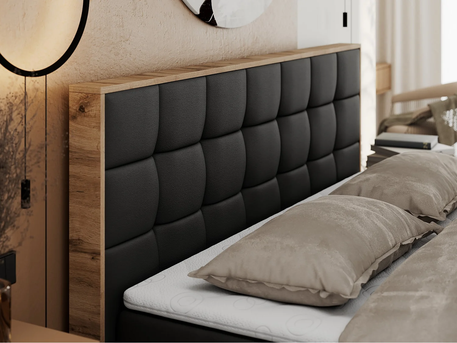 Boxspringbett ALBERO 1, Polsterbett mit gestepptem Kopfteil, Multipocket-Matratze - 160x200 cm - H3 - Schwarz Kunstleder